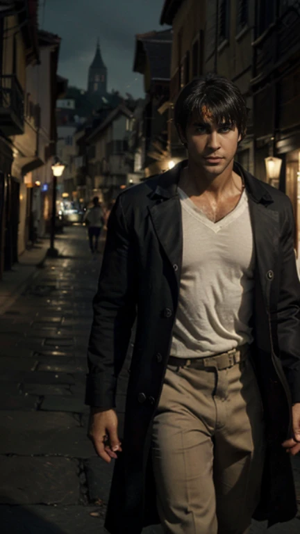 A man walking through the empty streets of a medieval town, late at night, short black hair, fit body, not muscular or broad shoulders, looks like Ryan Gosling physically and facially similar to Tobey Maguire, wearing a black trench coat, a white shirt, brown tie, black cotton pants he casts a long shadow behind him in the shape of a wolf, the streets are dark, lanterns around, masterpiece, (best quality, masterpiece:1.2), 8k detailed cgi render, thick outlines, strong shadows