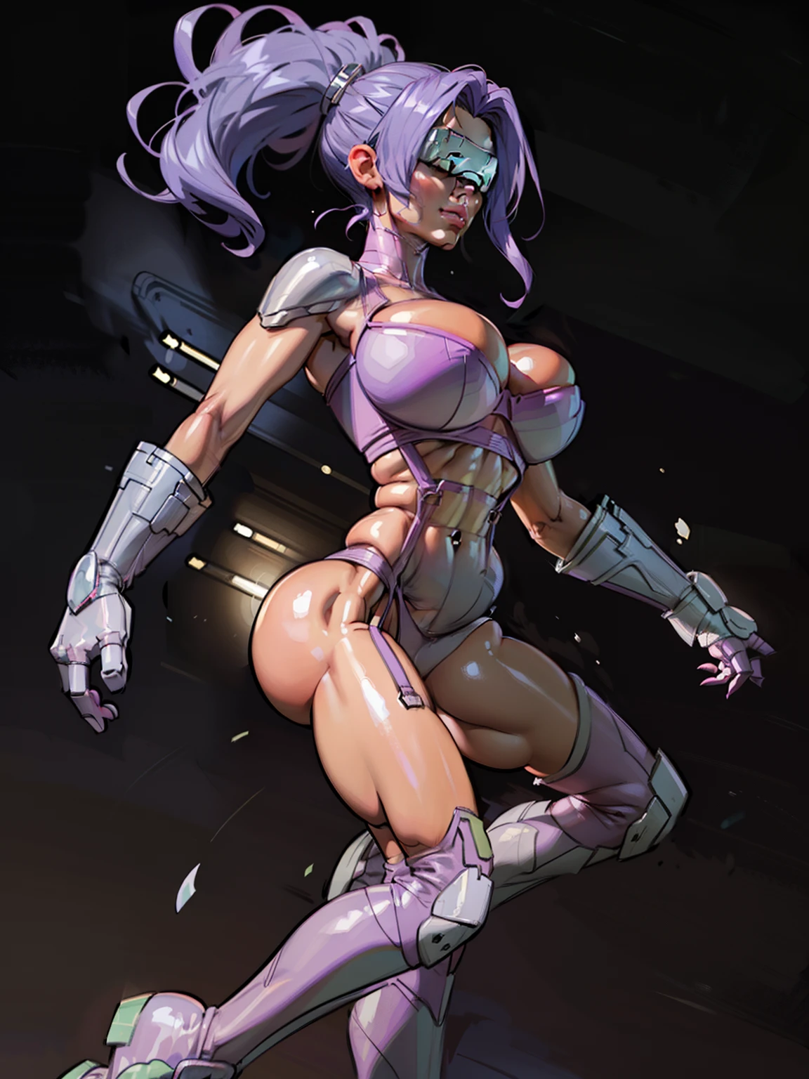(Front view:1.3), Generate an illustration of a mature kazemon, ((digimon)),  light lavender hair , (white skin), de terno preto, (lavender lingerie:1.3), (gray visor over eyes), medium hair, (eyes covered), hair bangs, (gigantic breasts:1.3), in anime format with a serious style, (lavender arm gloves), ((cool lighting)), lavender boots, gothic make up, masterpiece, ((dark lighting)), black background, (puffy lips),((slendered abs)), beautiful face,