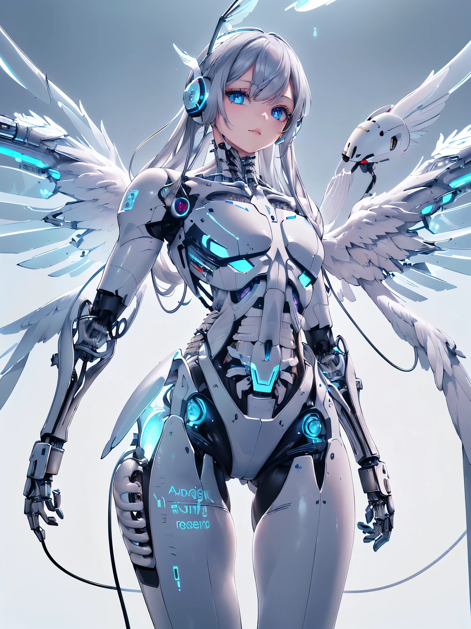 (8k, best quality, masterpiece:1.2),\(Eye details\),\(Facial features\),(\(Clothes detail details\)\),(1 girl:1.2),Mecha,solo,full body,Sophisticated 3D rendering of a beautiful Japanese girl Android , part, Beautiful studio soft lighting, rim light, Vibrant details, Luxury Cyberpunk, The body is made of organically flowing white and silver clear glass and plastic, Silver metal interior, dynamic poses, mobile organic ingredients, Meticulous carving, Lace design, Glowing golden circuit, H&#39;s Art,(Mechanical skeleton(Metal pelvis,Mechanical spine:1.2),high-tech robot,(Wired headphones of the future:1.2),(Blue glowing circuits on cheeks:1.3),(/grey hair:1.2/),(/shiny blue eyes/),Mecha,Cybernetic,(Beast:1.1),smooth skin,(This is an android:1.5),(flat chest:1.2),very long legs,(white angel's wings,it look like goose wing:1.3),(goose neck)