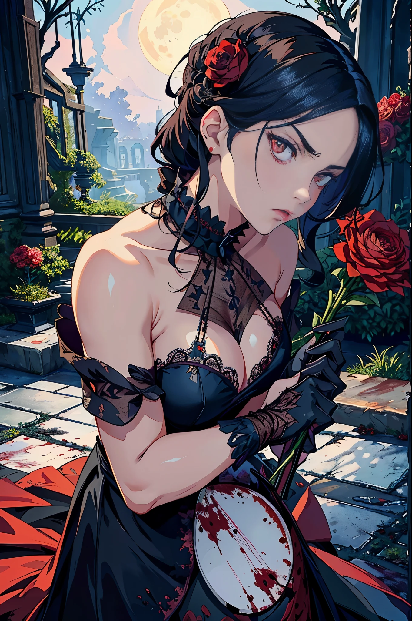 (masterpiece), maximum quality, (moody: 1.3), (female protagonist: 1.1), (holding a killer flower: 1.1), (intense stare: 1.4), ( obsidian-black petals: 1.1), (crimson center: 1.1), (blood-stained dress: 1.2), (long, curved knife: 1.1), (haunted expression: 1.4), (moonlit garden: 1.2), (gothic: 1.3)
The female protagonist, clad in a lacey, blood-stained dress