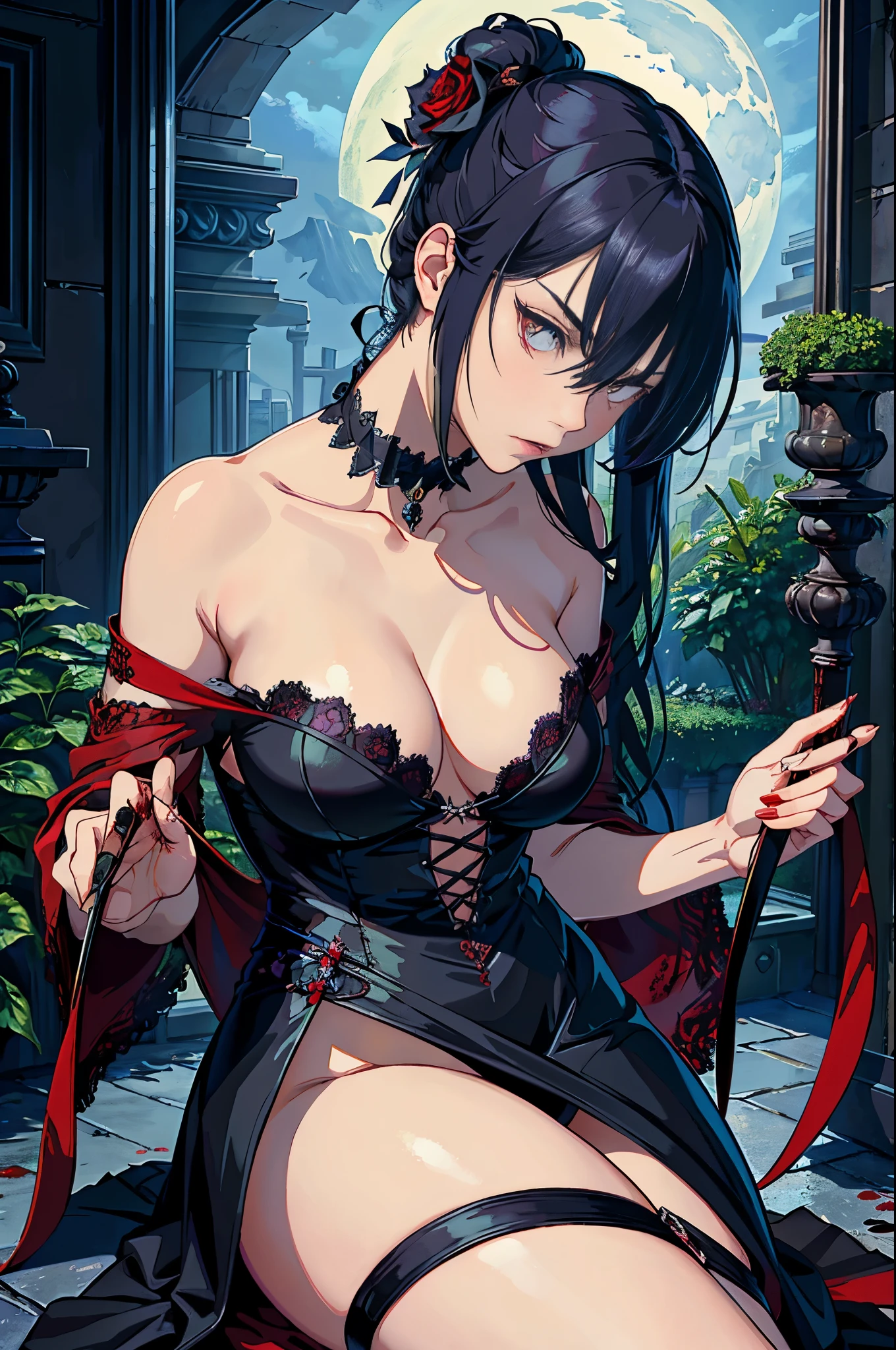 (masterpiece), maximum quality, (moody: 1.3), (female protagonist: 1.1), (holding a killer flower: 1.1), (intense stare: 1.4), ( obsidian-black petals: 1.1), (crimson center: 1.1), (blood-stained dress: 1.2), (long, curved knife: 1.1), (haunted expression: 1.4), (moonlit garden: 1.2), (gothic: 1.3)

The female protagonist, clad in a lacey, blood-stained dress