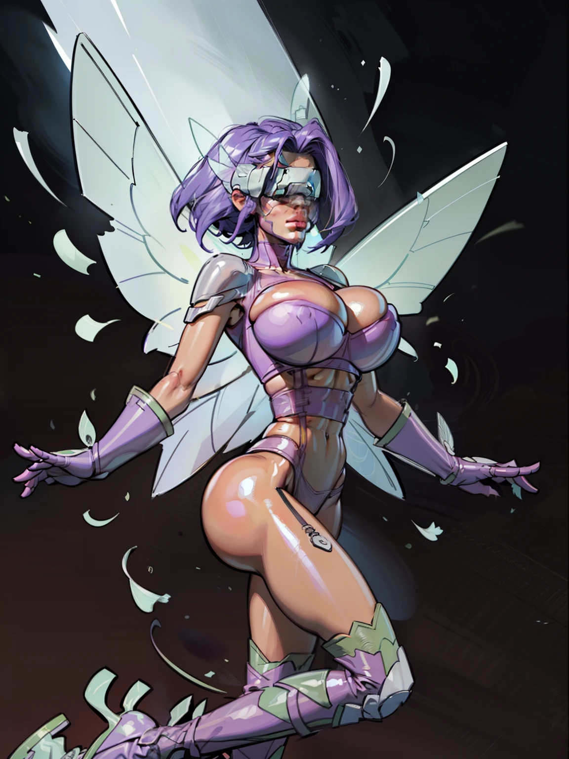 (Front view:1.1), Generate an illustration of a mature kazemon, ((digimon)), light lavender hair , (lavender fairy wings), (white skin), de terno preto, (lavender lingerie:1.3), (gray visor over eyes), medium hair, (eyes covered), hair bangs, (gigantic breasts:1.3), in anime format with a serious style, (lavender arm gloves), ((cool lighting)), lavender boots, gothic make up, masterpiece, ((dark lighting)), black background, (puffy lips),((slendered abs)), beautiful face,