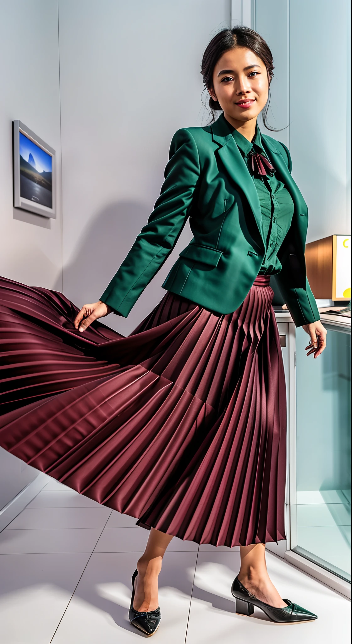 (shy:1,3) smiling woman playing with skirt, dancing, wearing short blazer and very very detailed (long (fully pleated) full circle skirt) and (simple) low heeled office shoes, very very intricate hyper-detailed symmetric (attractive graceful young feminine face) with (sad, tired eyes and a shy smile), large breasts, full of empathy and compassion and love, (pronounced (feminine) features), (highly detailed ultra accurate realistic) hands and fingers, (windy conditions and wind blowing), epic composition, highly detailed attributes, highly detailed space station background, (35mm f1.4 Kodak portra 400 photograph), extremely high quality RAW photograph, highly detailed atmosphere, sci-fi ,cinematic shot, dynamic lighting, 75mm, Technicolor, Panavision, cinemascope, sharp focus, fine details, 8k, HDR, realism, realistic, key visual, film still, superb cinematic color grading, depth of field