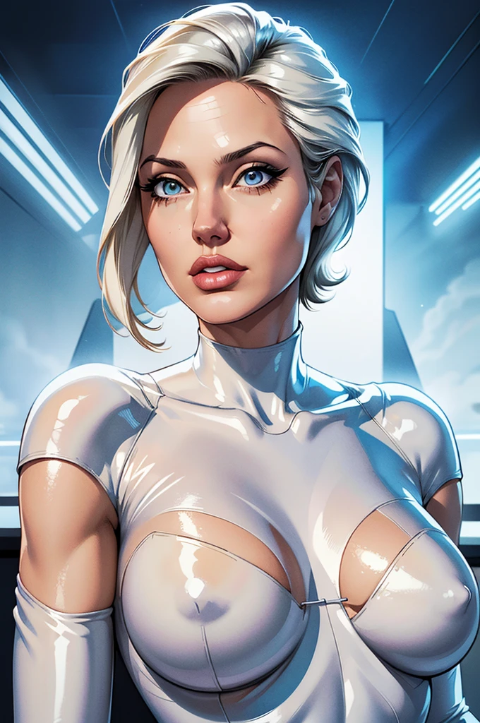 (best quality,8k:1.2,high resolution:1.2),ultra-detalhado,Realistic,retro science fiction female superhero,white short hair,rosto extremamente detalhados,long eyelashes,all sheer white nylon catsuit Apertado,gloves,Physically-based rendering,foco nítido,white studio lighting