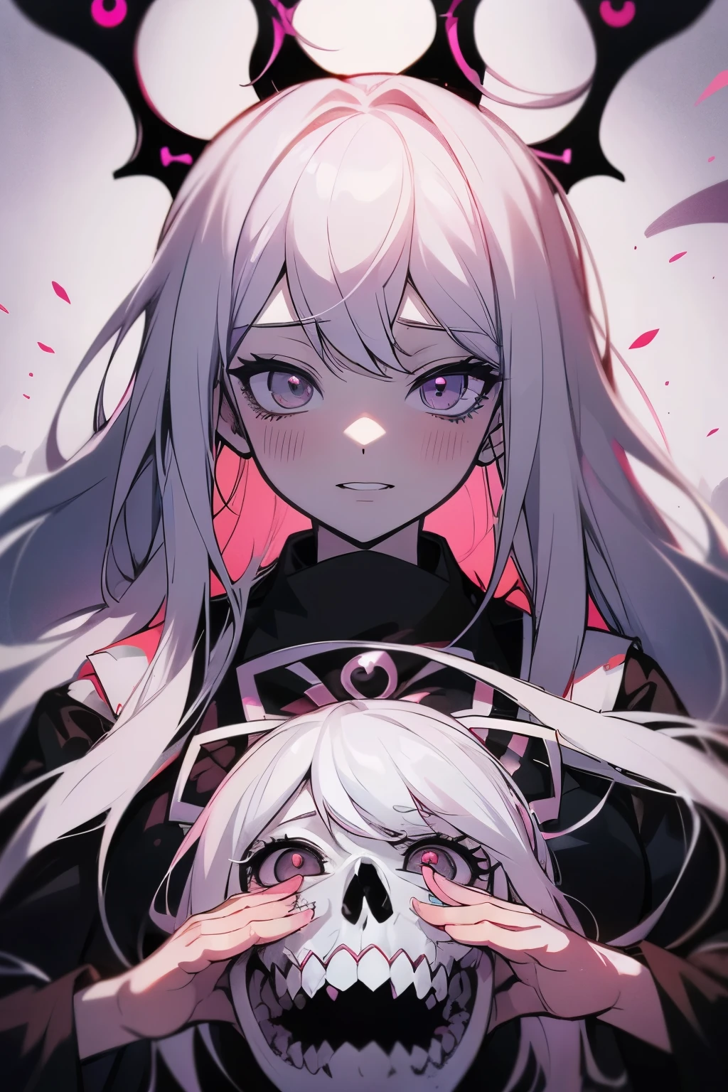 , perfect faceanime girl with white hair and black eyes holding a demonic skull, digital art from danganronpa, gapmoe yandere grimdark, demon anime girl, yandere intricate, detailed key anime art, helltaker, anime monster girl, clean detailed anime art, detailed anime artwork, yandere, junko enoshima from danganronpa, kawacy