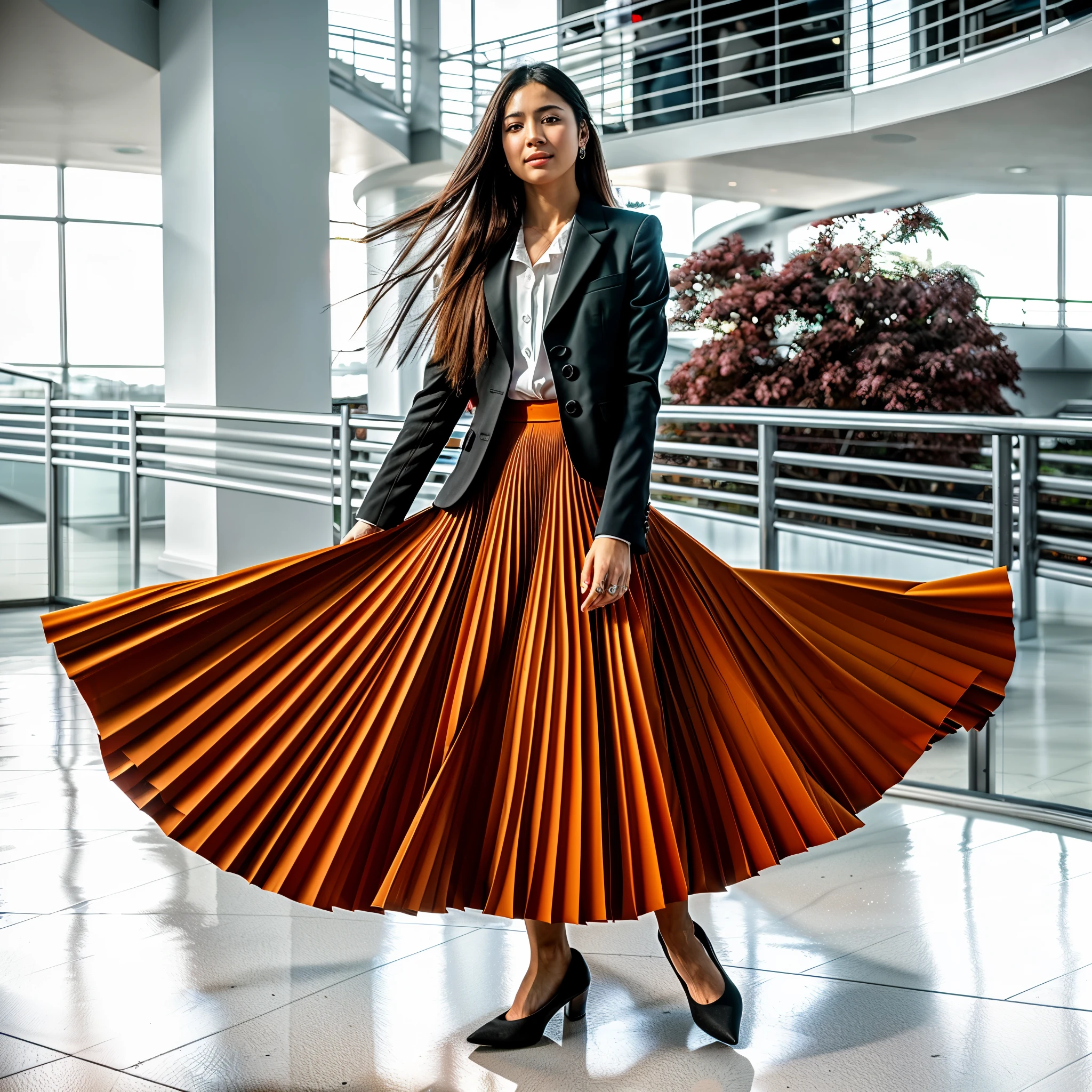 (shy:1,3) smiling woman playing with skirt, dancing, wearing short blazer and very very detailed (long (fully pleated) full circle skirt) and (simple) low heeled office shoes, very very intricate hyper-detailed symmetric (attractive graceful young feminine face) with (sad, tired eyes and a shy smile), large breasts, full of empathy and compassion and love, (pronounced (feminine) features), (highly detailed ultra accurate realistic) hands and fingers, (windy conditions and wind blowing), epic composition, highly detailed attributes, highly detailed space station background, (35mm f1.4 Kodak portra 400 photograph), extremely high quality RAW photograph, highly detailed atmosphere, sci-fi ,cinematic shot, dynamic lighting, 75mm, Technicolor, Panavision, cinemascope, sharp focus, fine details, 8k, HDR, realism, realistic, key visual, film still, superb cinematic color grading, depth of field