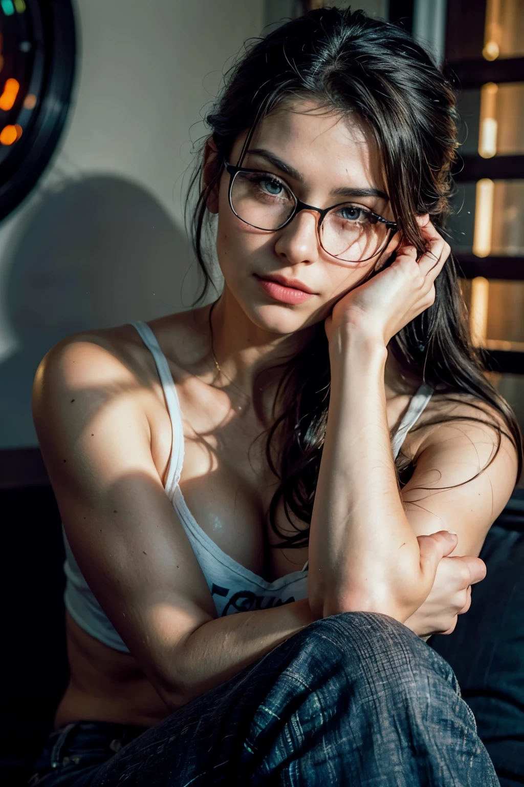 an alluring and beautiful female :1.1, she sits in front of her (flash-art wall:1.4), (she wears thick dark-rimmed glasses on, black tshirt with anime graphic print, dark jeans, bandanna in hair, a piercing) and is intensely looking at camera (studio neon light:1.1), smoky, (Rembrandt lighting:0.9) ,(relaxed intimate photoshoot), beautiful face, slight smile, intense presence, , cozy relaxed, catching us, beautiful hands, kind eyes, gorgeous warm lighting:1.4,, incredible details, ((high contrast)), (deep, darkest shadows), (shadow details:1.0), ((taken using Leica camera, aperture: f/2.3)) , hyper-realistic skin, pores, scar, mole, (she has dark hair pulled away from face, tidy updo), smokey eye makeup, her arms relaxed , relaxed moment, she's in the beach natural light glow, (romantic light:1.2), radiant skin, perfectly framed face, perfect relaxed hands, perfect fingers, (perfect portrait, incredible eyes:1.1), a work of art, beautiful composition, golden ratio, inspiring, (highest quality fabric texture), every detail,Fine facial features – (Highest Quality) ,Leica camera film, High quality ○○ detailed – ○○ details ultra detailed(Ultra-fine ), Photorealistic, Extremely detailed(Extremely detailed) , (highest detail image, lens flare, realistic)○○ res – ○○ resolution ultra high res(A high resolution)