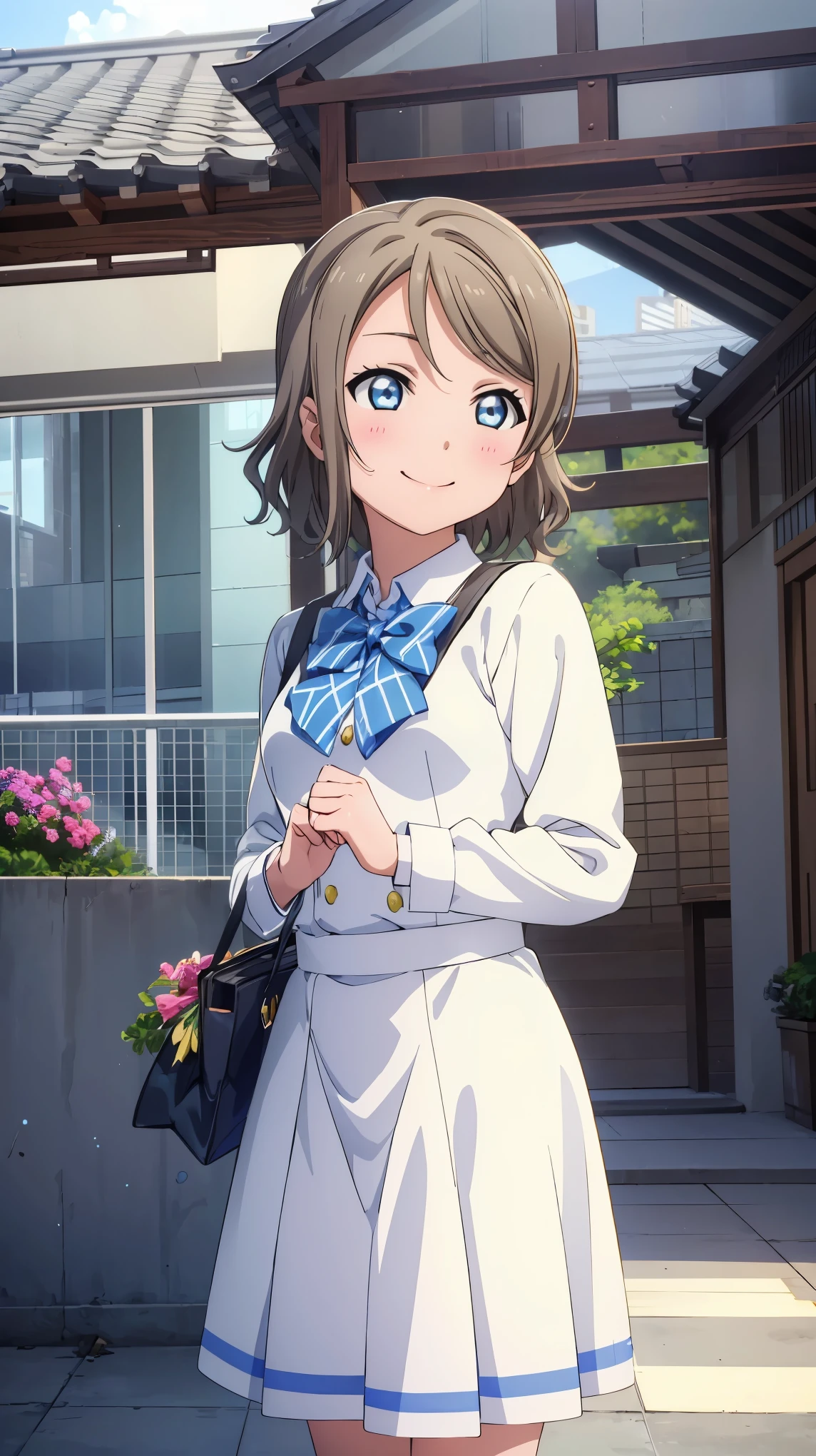 (((Perfect pixel, Perfect details))), Single, 1girl, You are Watanabe, Uranohoshi , bow tie, Looking at the scenes, He smiles