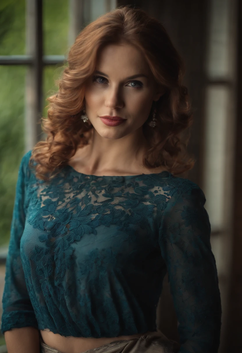 sexy girl, 28 years old, beautiful and well-shaped body, long and curly red hair, holes in the cheeks, nicely shaped ass, attractive look and blue eyes, to fascinate anyone who looks at her, sexy dress, to look vulgar,