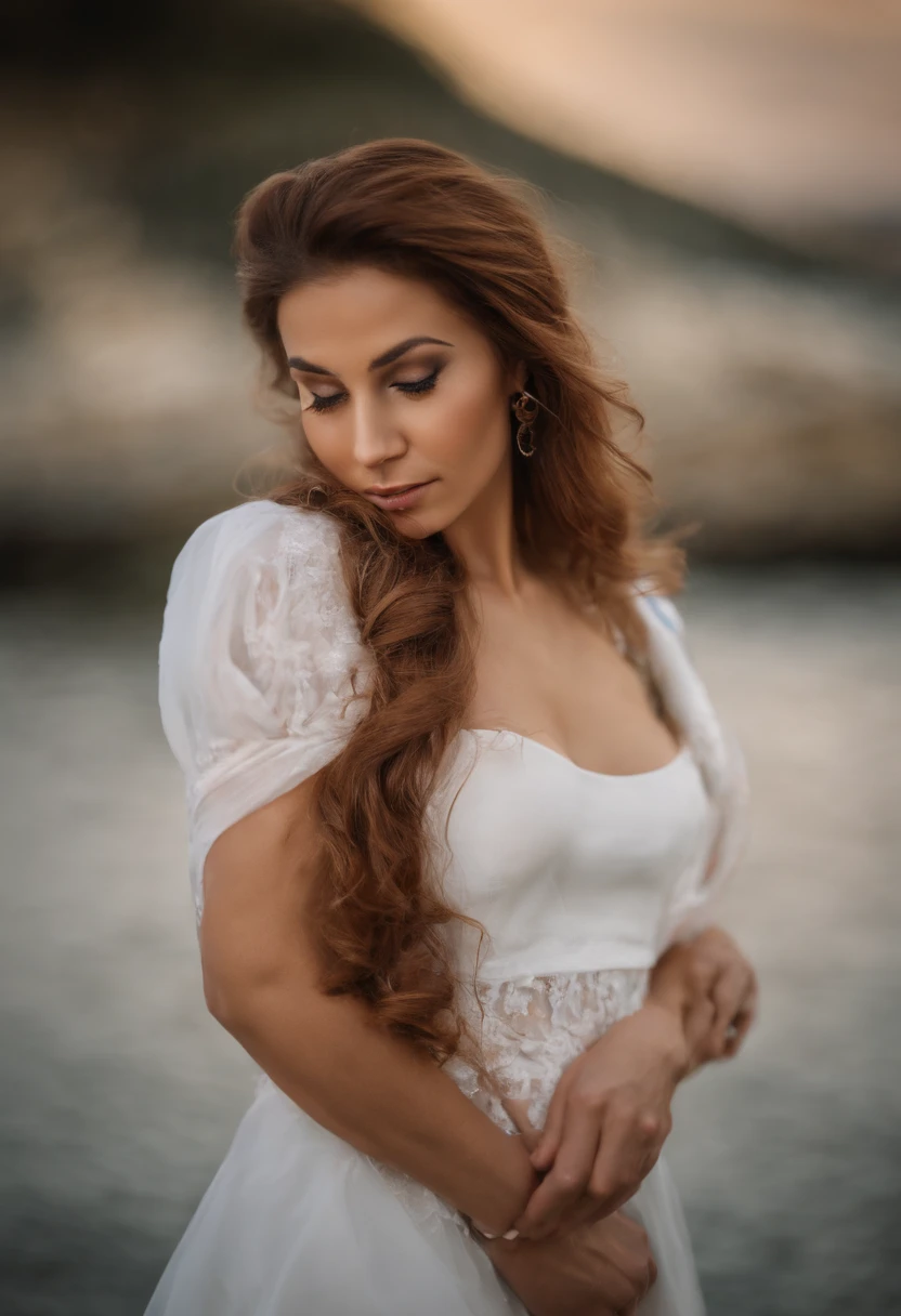 sexy girl, 28 years old, beautiful and well-shaped body, long and curly red hair, holes in the cheeks, nicely shaped ass, attractive look and blue eyes, to fascinate anyone who looks at her, sexy dress, to look vulgar,