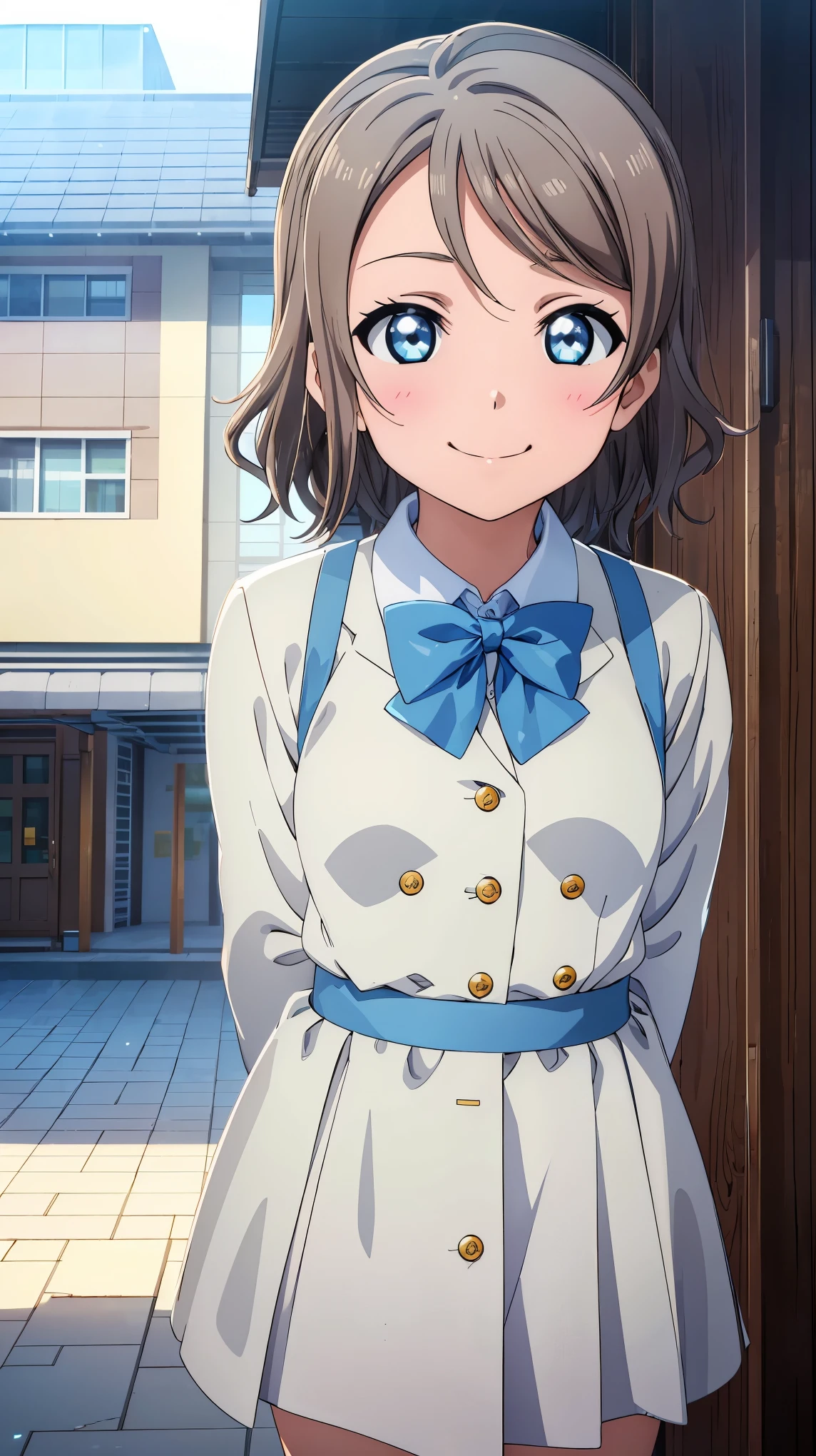 (((Perfect pixel, Perfect details))), Single, 1girl, You are Watanabe, Uranohoshi , bow tie, Looking at the scenes, He smiles