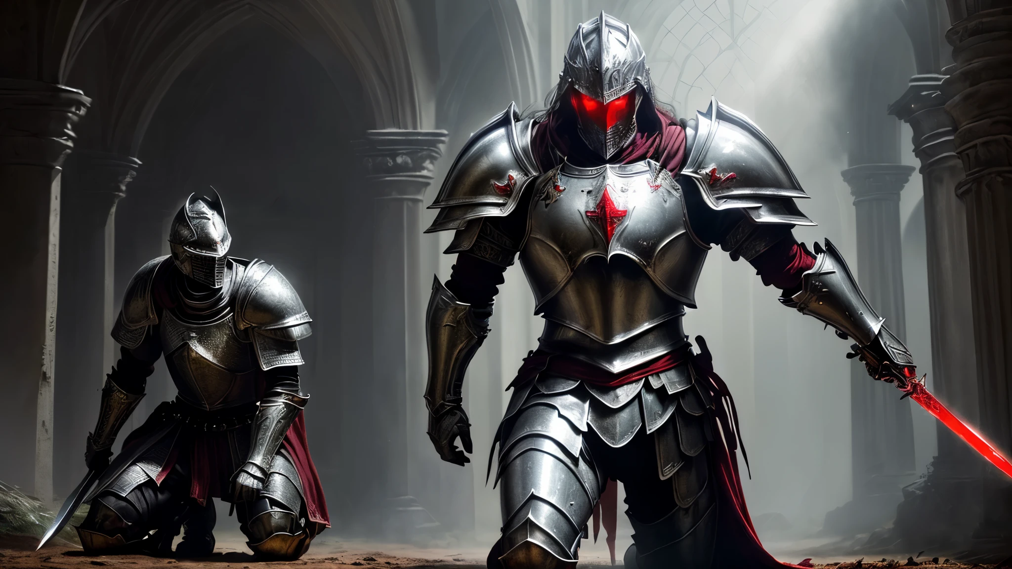 (Best quality,4K,8K,A high resolution,Masterpiece:1.2),Ultra-detailed,(Realistic,Photorealistic,photo-realistic:1.37),A sword-wielding silver armor warrior stood in the hall, Full body portrait of the mysterious knight, Wearing heavy armor,A sacred warrior wielding a legendary bright sword, Mythical warriors in full-body armor, A golden knight with divine armor, The eyes glow blood-red, Concept art for glorious figures, Crimson Armor Knight, Epic Paladin armor, Holy medieval knight, Kneel on one knee, Blades embedded in the earth, ??????????, ((at battle)), ((((very bright environment full of light)))), Full body shot.