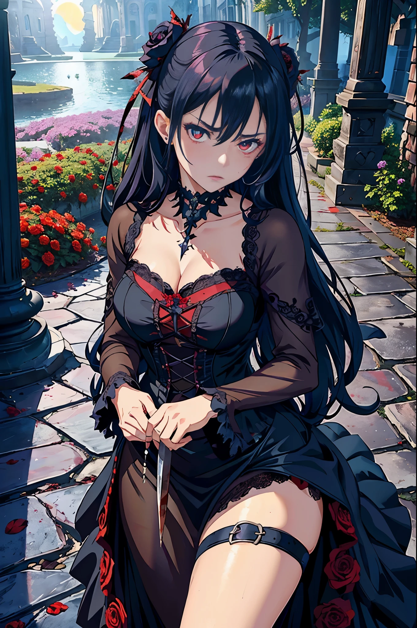 (masterpiece), Highest quality, (Moody: 1.3), (Actress: 1.1), (Holding killer flowers: 1.1), (intense gaze: 1.4), ( Obsidian Black Petals: 1.1), (Crimson Center: 1.1), (Blood-stained skirt: 1.2), (long, Scimitar: 1.1), (haunted expression: 1.4), (Moonlight Garden: 1.2), (Goethe: 1.3) (((Large Breasts)))Breast sagging、Low-cut(((Cleavage )))、(((Wide hips,)))(((Hourglass figure)))((Long legs))

The Actress, Wearing lace, Blood-stained skirt