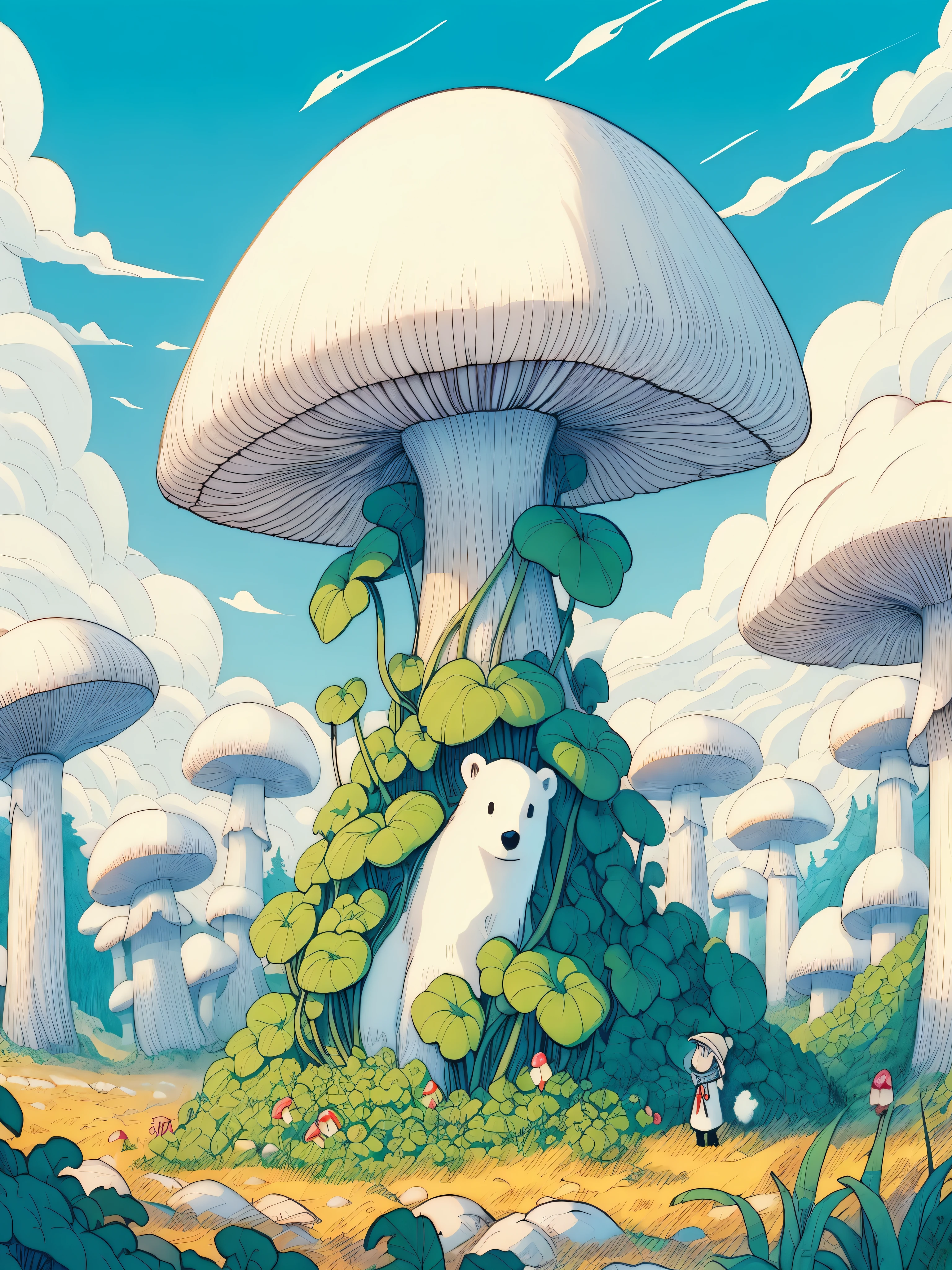 Draw a tintin style anime simple art of a beautiful mushroom island, huge mushrooms, a polar bear hidden below a mushroom, windy, huge leafy plants, greenery, beautiful sky, beautiful color palette, no human