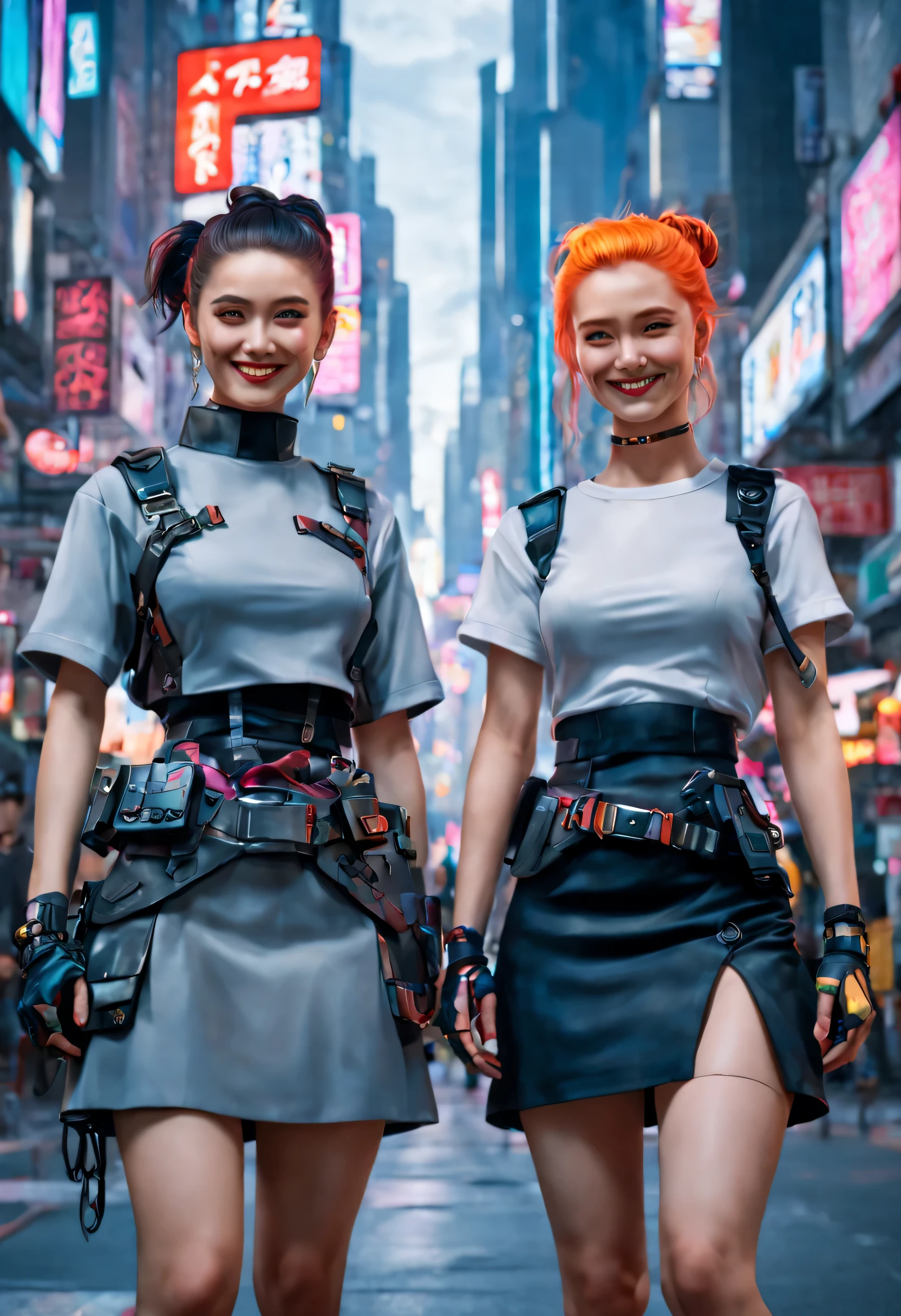 masterpiece, best quality, ((smiling)) cyberpunk girls standing, having grey and grey uniform and black long skirt, Harajuku-inspired cyberpunk body harness, bold colors and patterns, eye-catching accessories, trendy and innovative hairstyle with baroque influence, dazzling Cyberpunk cityscape, skyscrapers, glowing neon signs, LED lights, anime illustration, detailed skin texture, detailed cloth texture, beautiful detailed face, intricate details, ultra detailed, cinematic lighting, strong contrast.