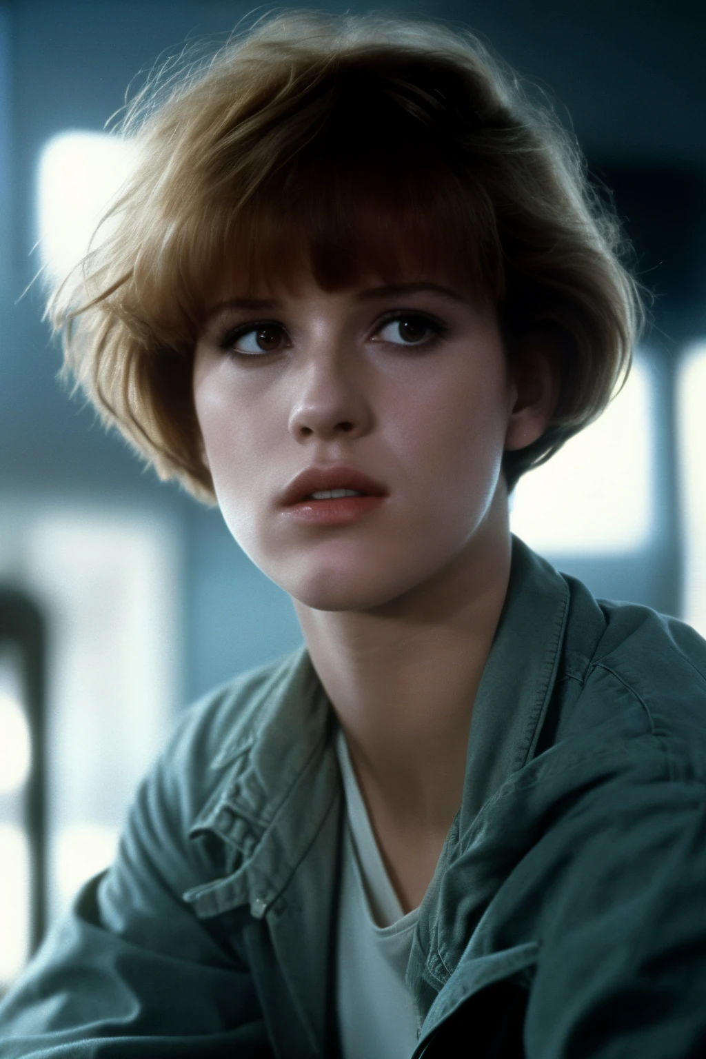 Eighteen-year-old Molly Ringwald, frowning, with messy/shaggy razored/layered bob haircut with sideswept bangs, wearing an olive-drab jacket with sleeves pushed up, a watch necklace, white tank top, driving gloves and jeans, hi-tech laboratory setting, extremely realistic, extremely detailed, extreme realism, extreme detail, cinematic, extremely accurate resemblance, scene from 1986 psychological sci-fi horror/thriller film, shot on 35mm film, directed by Michael Mann, cinematography by Dante Spinotti, florescent lighting, muted color scheme, muted color palette, dark, moody, neo-noir, tech-noir, atmospheric, near future, brooding, brooding anti-heroine, 4k ultra high definition remaster from the original 35mm film elements, taken from Criterion Collection 4k Blu-Ray release, cult classic, masterpiece, hollow eyes, eyebags, Manhunter (1986) influence