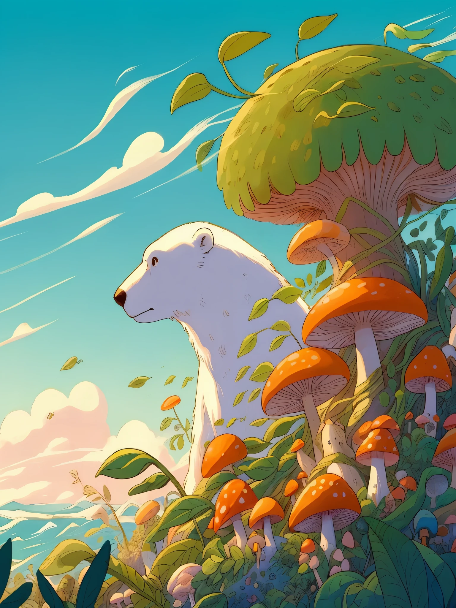 Draw a tintin style anime simple art of a beautiful mushroom colony, huge mushrooms, a polar bear hidden below a mushroom, windy, huge leafy plants, greenery, beautiful sky, beautiful color palette, no human, vibrant colors,