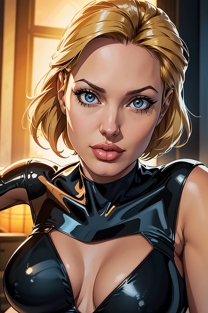 (best quality,8k:1.2,high resolution:1.2),ultra-detalhado,Realistic,retro science fiction female superhero,blonde short hair,rosto extremamente detalhados,long eyelashes,all sheer beige Collant de nylon Apertado, cleavage,pantyhose,latex gloves,metalic accessories,Physically-based rendering,foco nítido,white studio lighting