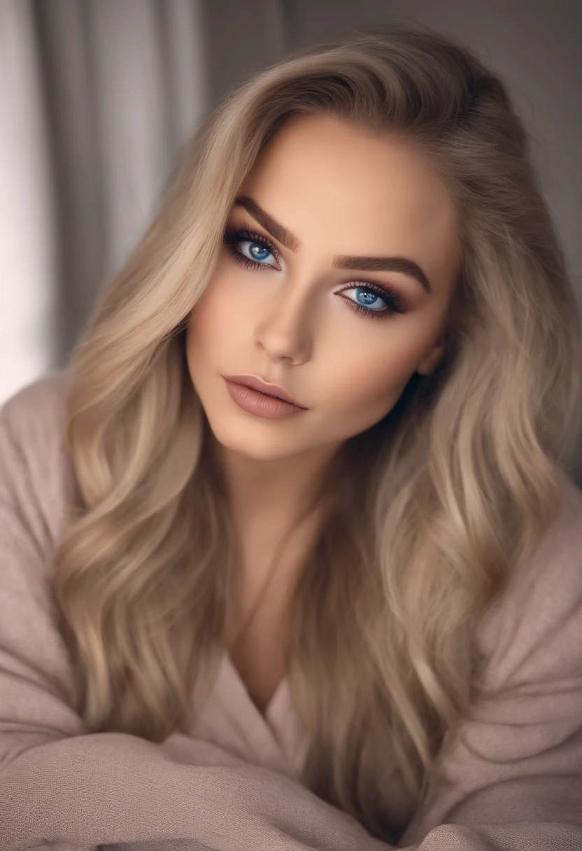 arafed frau voll , Sexy girl with blue eyes, ultra realistisch, Akribisch detailliert, portrait sophie mudd, blonde hair and large eyes, Selfie einer jungen Frau, Augen im Schlafzimmer, Violet Myers, ohne Make-up, Natural makeup, Blick direkt in die Kamera, Gesicht mit Artgram, dezentes Make-up, Stunning full body shot, die auf dem Bett kniet, im Schlafzimmer, medium to large bust size