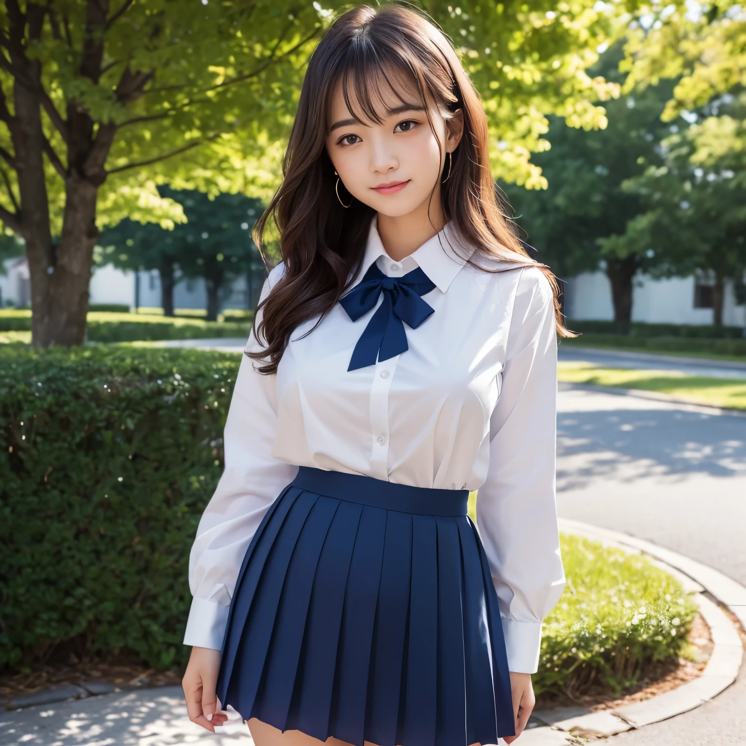 (masterpiece、highest quality、ultra high resolution、8K)、(1 Very cute 15 year old girl:1.3)、(alone:1.4)、(pregnancy)、(Perfect composition where the girl fits beautifully in the frame:1.1)、thinウエスト、thin、naive girl、(perfect anatomy:1.1)、(wavy hair:1.1)、(big breasts:1.2)、(emphasize the bust line:1.2)、(high school white shirt:1.2)、(navy pleated skirt:1.2)、(Uniform ribbon that fits perfectly on the chest:1.2)、(Beautiful glowing skin:1.2)、Moist eyes、Brown glittery hair、Colors and landscapes of youth、feelings of love、outside、A shy smile looked at me、(very bright and refreshing:1.2)