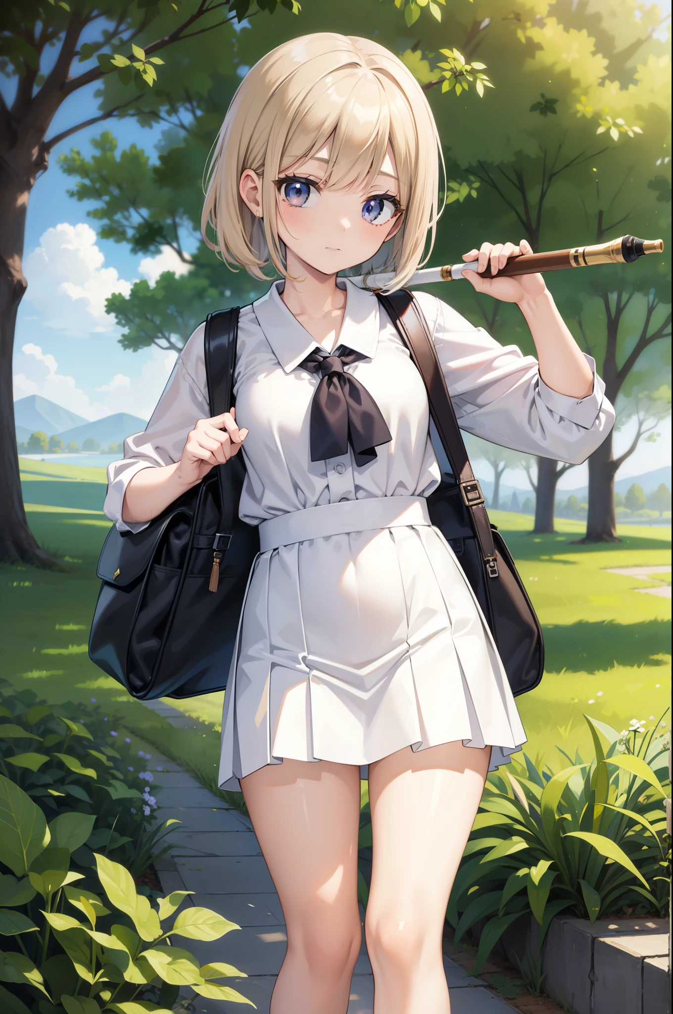 Masterpiece level, ultra-quality drawing, ultra-detailed, perfect rendition, animesque style, charming anime girl, wearing a white blouse and mini skirt, carrying a backpack (1.0) with a bag and a flute slung over her shoulder. The setting is outdoors, during a clear and sunny day, surrounded by a realistic background. The face and eyes are very detailed and photorealistic, showing a peaceful expression. The backpack is well-drawn and the flute is depicted with great accuracy, adding an elegant touch to the overall composition. (Full body shot: 0.6)