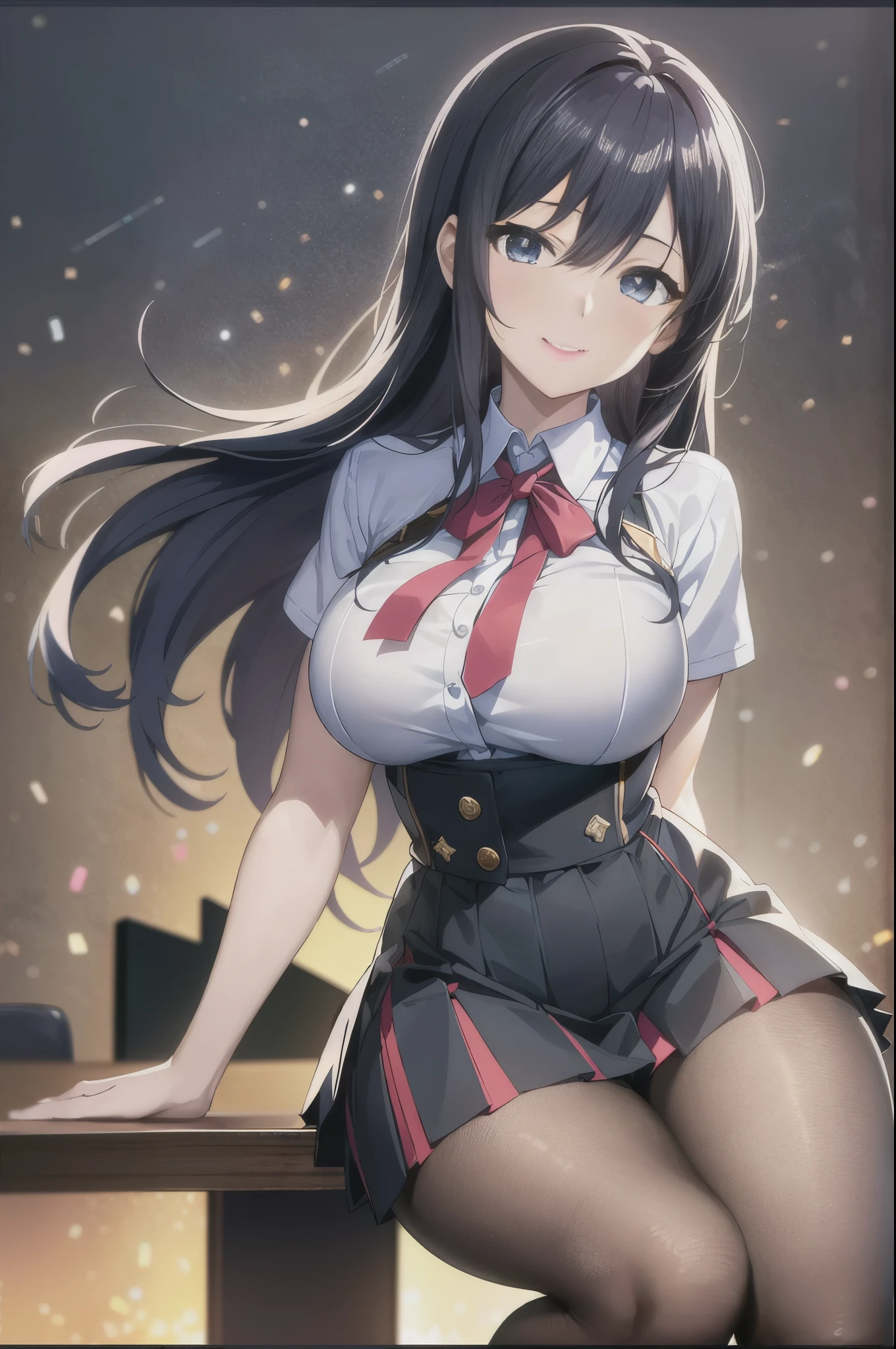 green eyes, long hair, black hair,,, large breasts, live stage, solo,　Blazer uniform