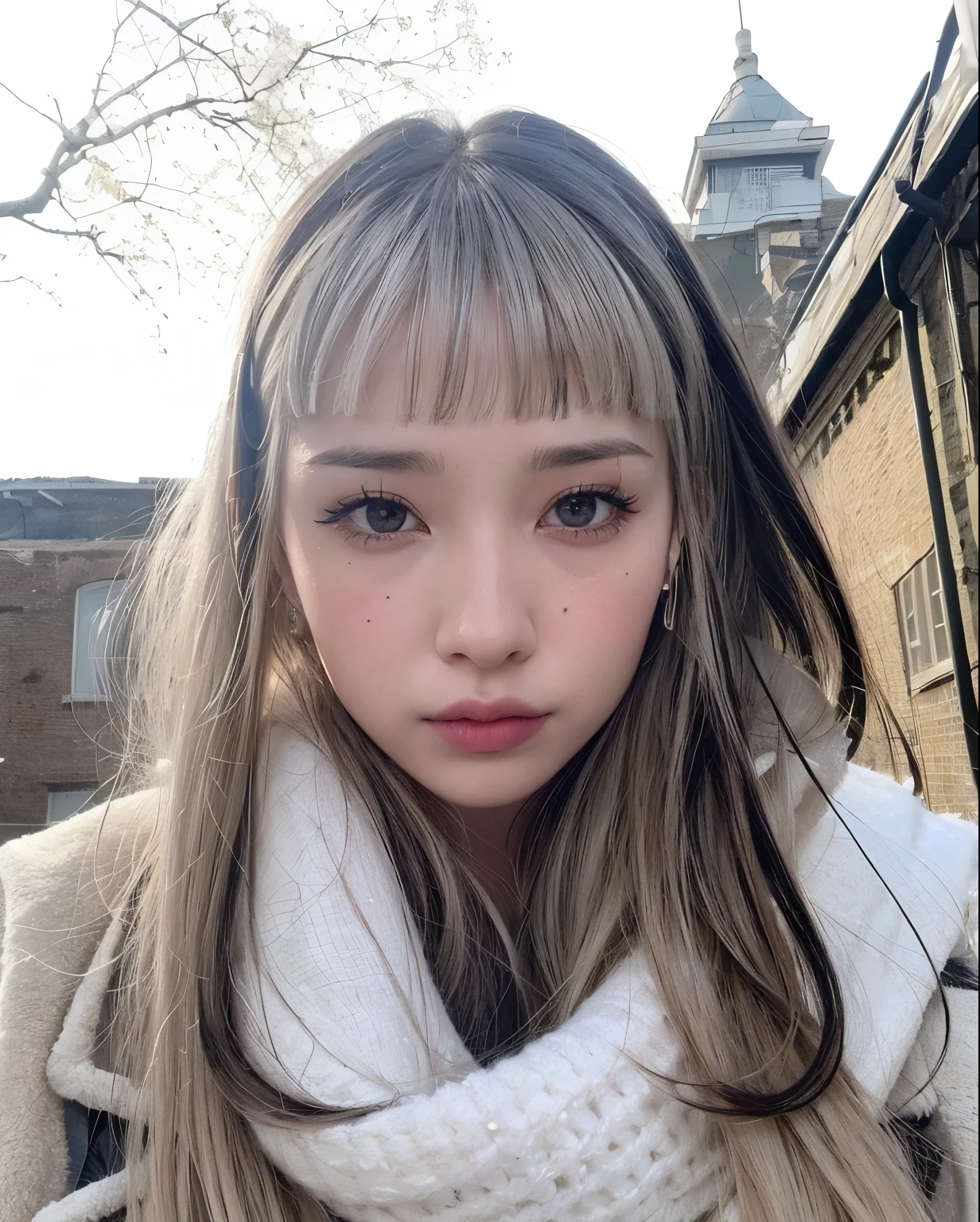 there is a woman with long hair and a scarf on, white bangs, hair whitebangs hair, portrait of kim petras, with bangs, whitebangs, belle delphine, cl, neat hair with bangs, blunt bangs fall on her forehead, with full bangs, straight bangs, straight fringe, long hair with bangs, long hair with full bangs