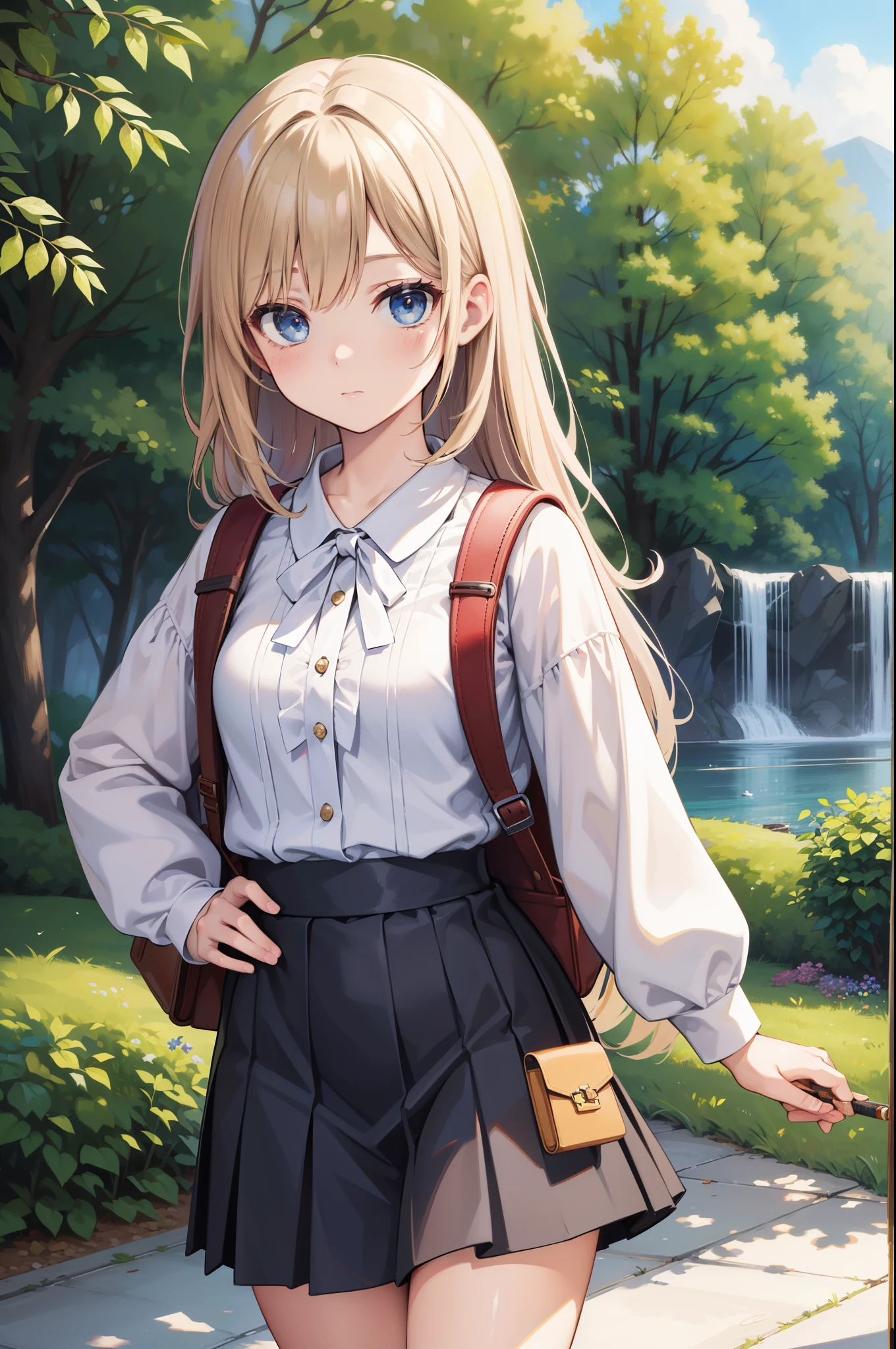 Masterpiece level, ultra-quality drawing, ultra-detailed, perfect rendition, animesque style, charming anime girl, wearing a white blouse and mini skirt, carrying a backpack (1.0) with a bag and a flute slung over her shoulder. The setting is outdoors, during a clear and sunny day, surrounded by a realistic background. The face and eyes are very detailed and photorealistic, showing a peaceful expression. The backpack is well-drawn and the flute is depicted with great accuracy, adding an elegant touch to the overall composition. (Full body shot: 0.6)