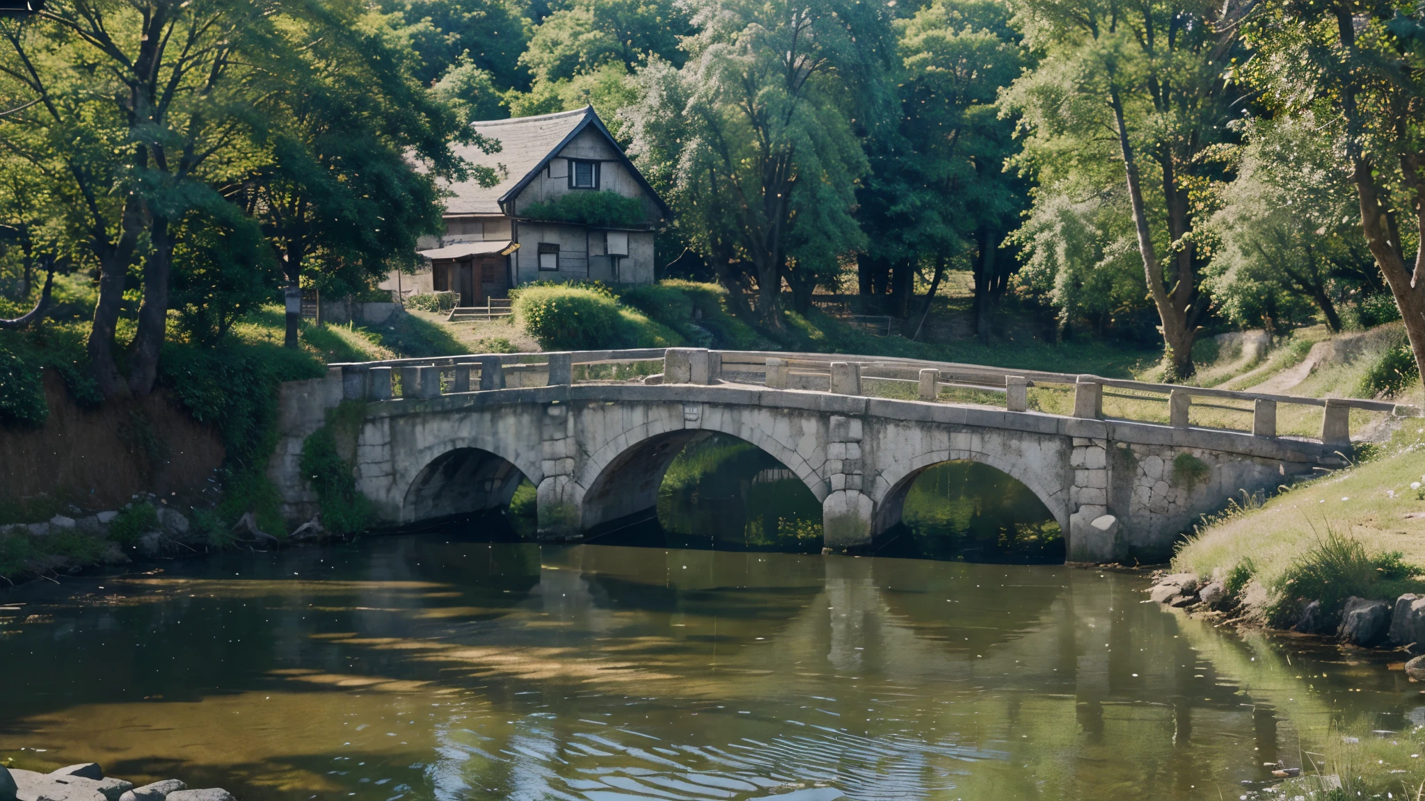 a painting of a small bridge over a river in a village, anime countryside landscape, beautiful anime scenery, anime background art, detailed scenery —width 672, ross tran. scenic background, anime scenery, anime beautiful peace scene, made with anime painter studio, scenery artwork, painted in anime painter studio, anime landscape wallpaper, beautiful anime scene, anime scenery concept art