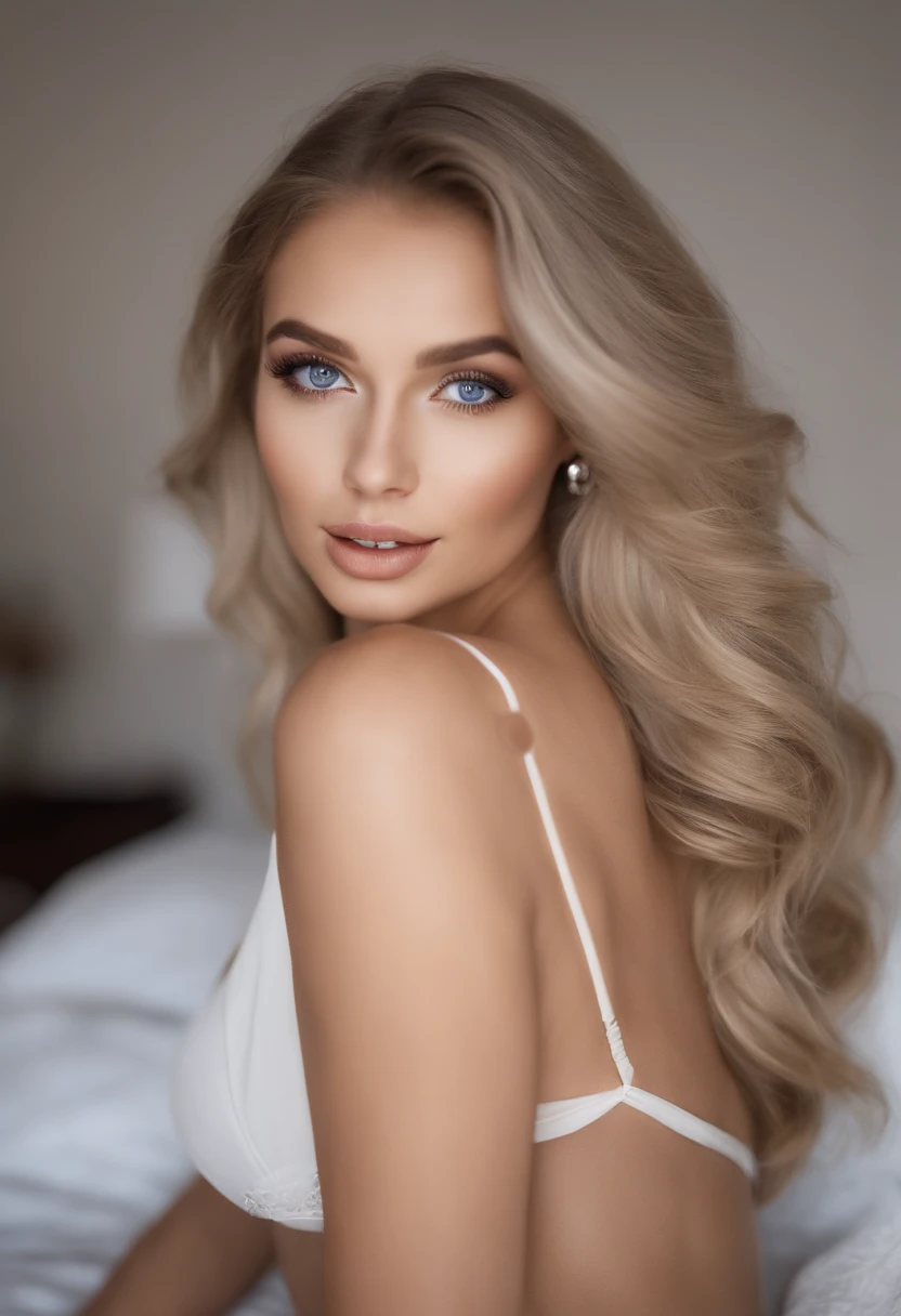 arafed frau voll , Sexy girl with blue eyes, ultra realistisch, Akribisch detailliert, portrait sophie mudd, blonde hair and large eyes, Selfie einer jungen Frau, Augen im Schlafzimmer, Violet Myers, ohne Make-up, Natural makeup, Blick direkt in die Kamera, Gesicht mit Artgram, dezentes Make-up, Stunning full body shot, die auf dem Bett kniet, im Schlafzimmer, medium to large bust size