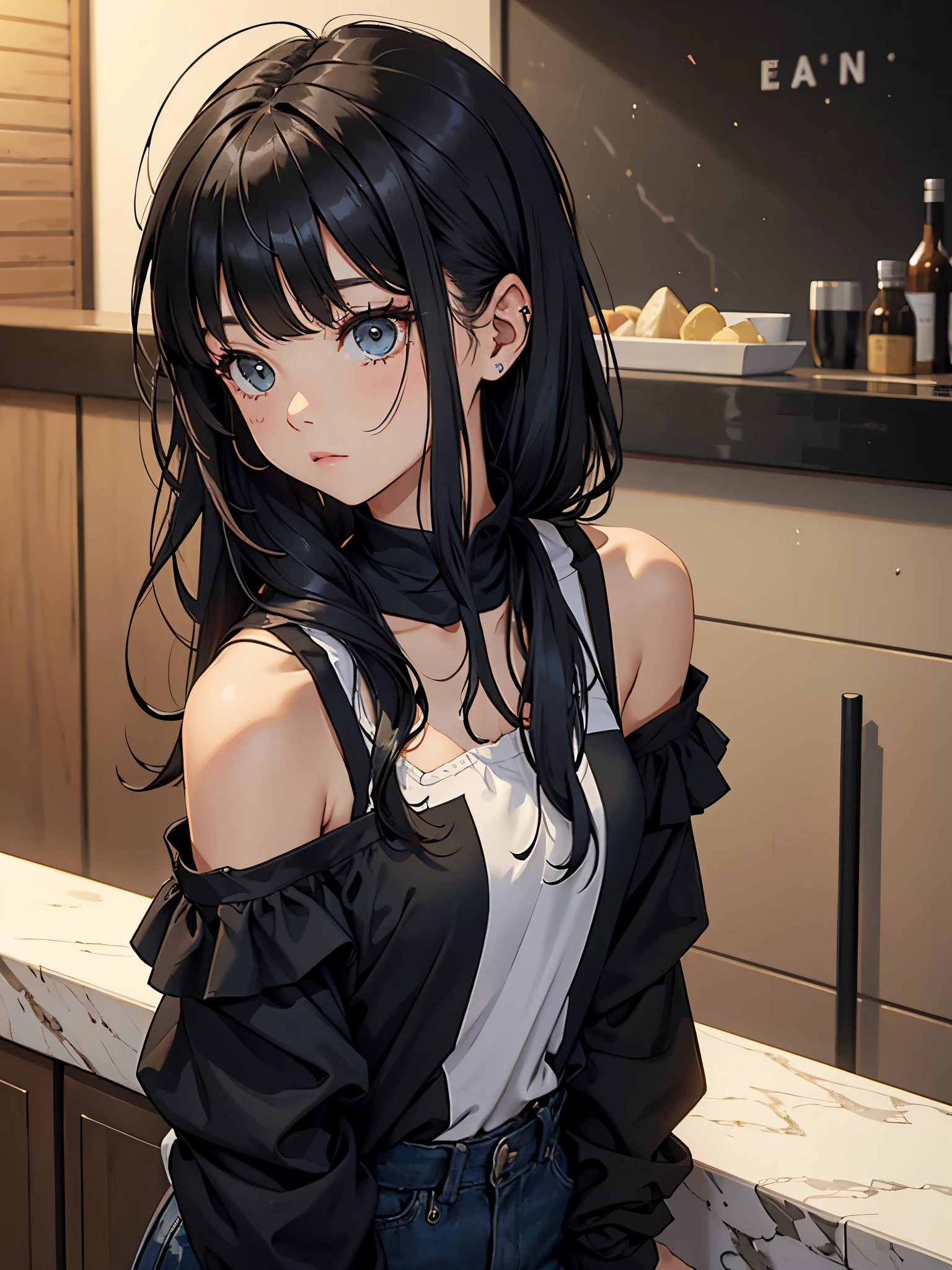 girl with messy hair, Long sleeves with off-the-shoulders, black, Bar in the background