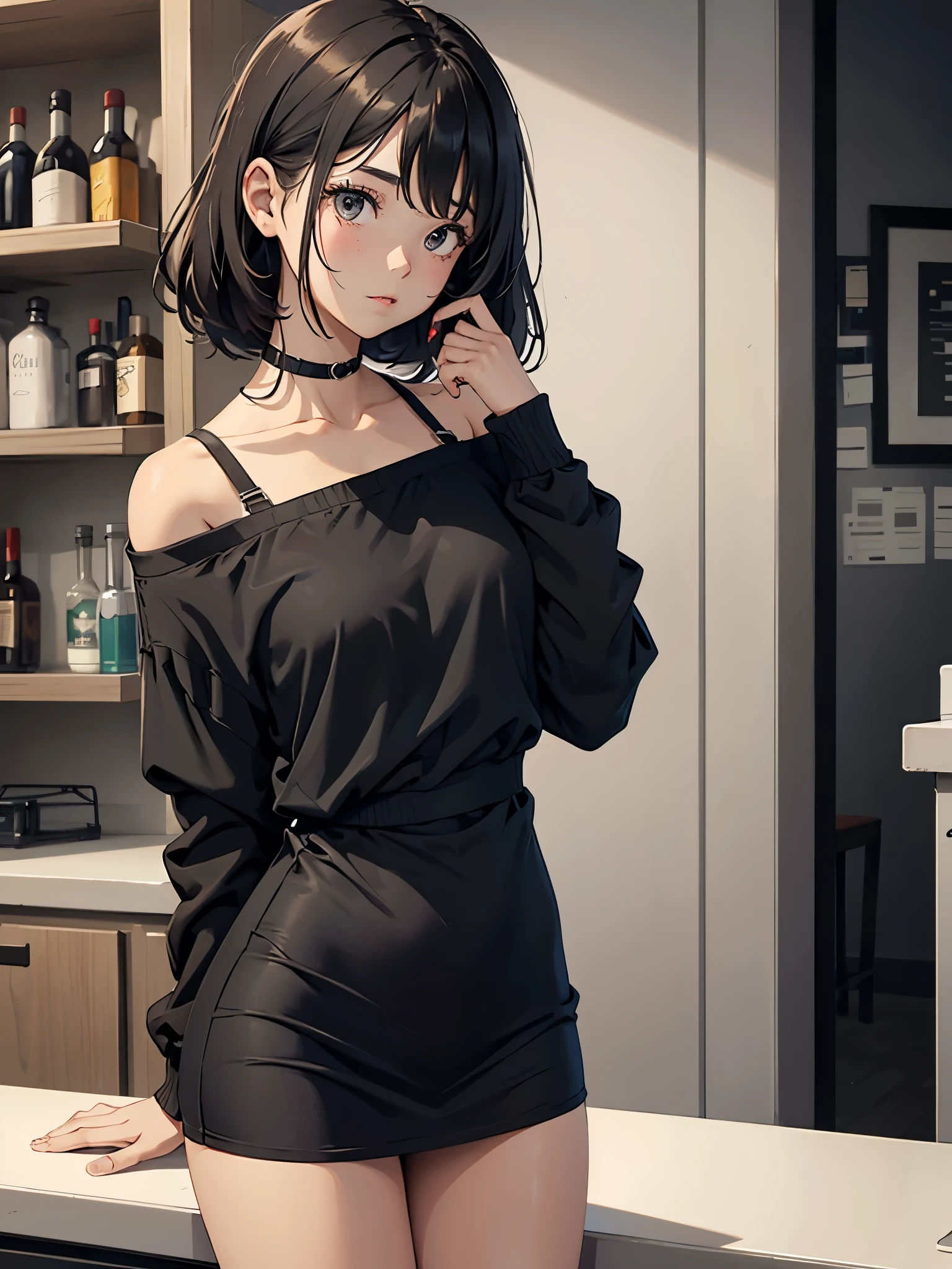 girl with messy hair, Long sleeves with off-the-shoulders, black, Bar in the background