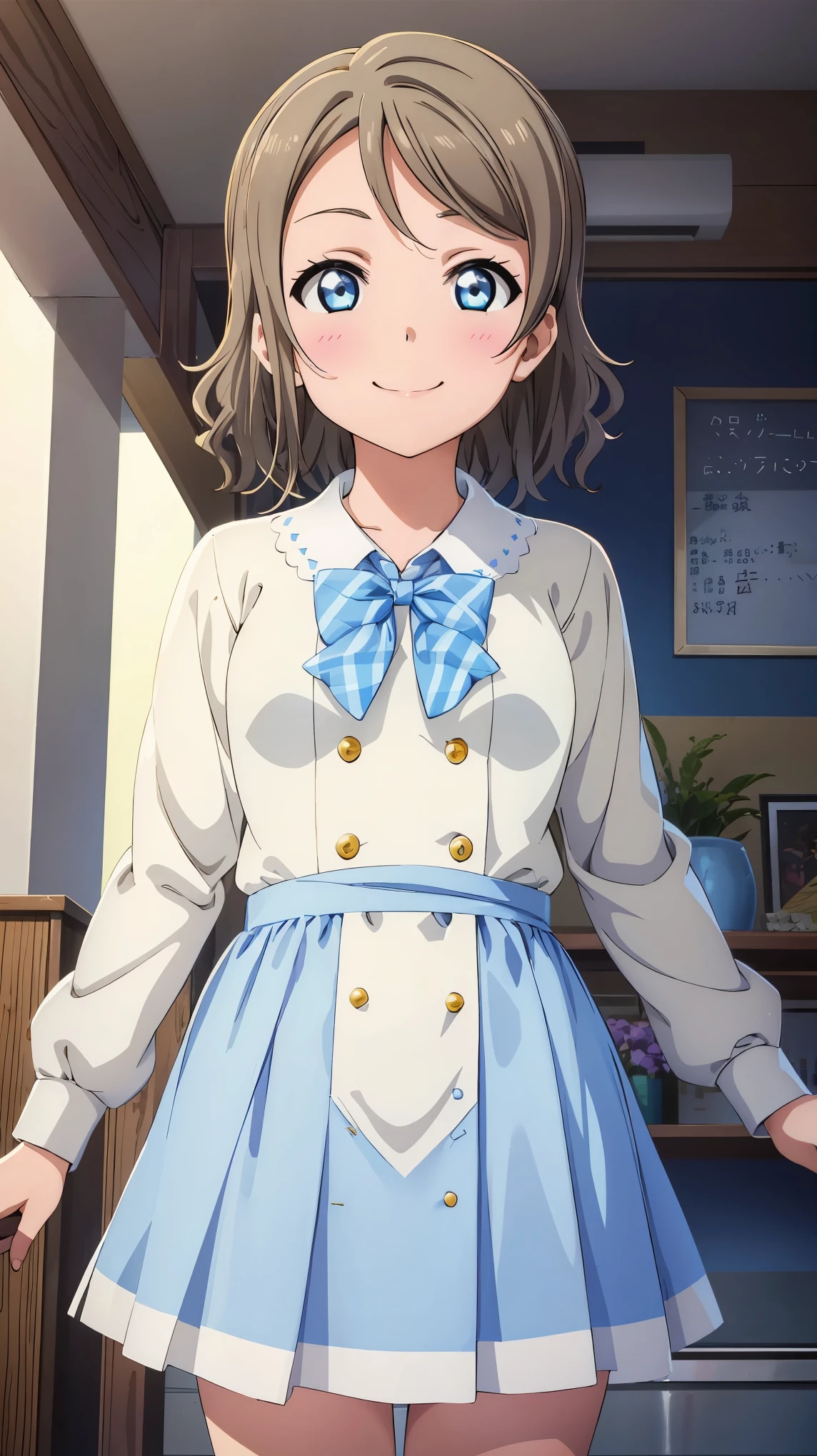 (((Perfect pixel, Perfect details))), Single, 1girl, You are Watanabe, Uranohoshi , bow tie, Looking at the scenes, He smiles