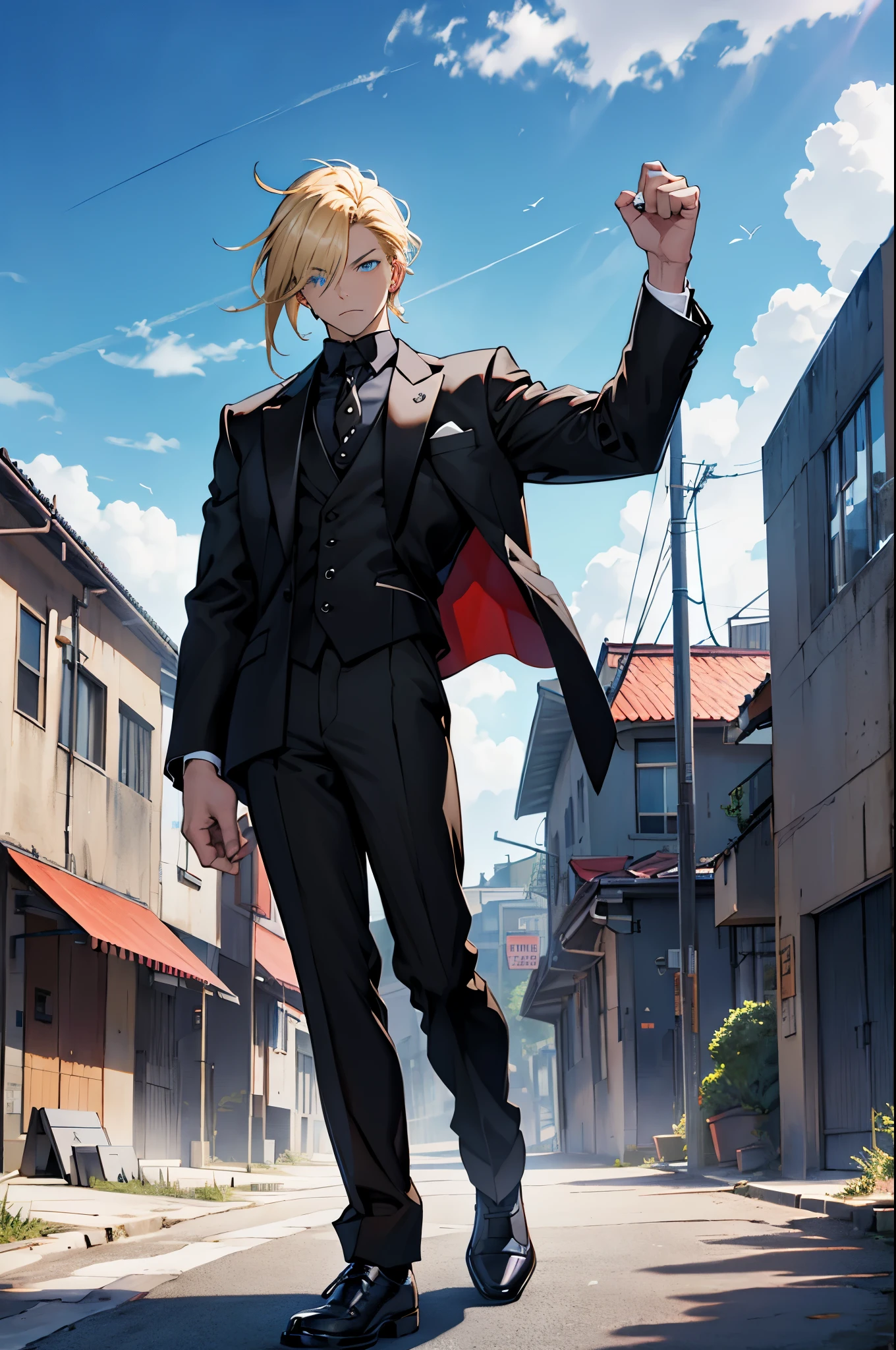 Part;0.5, man, 18 years, blond, Blue eyes, ((metal knuckles)), shirt, (black;1,5 tuxedo), Mainly cloudy, student, full length