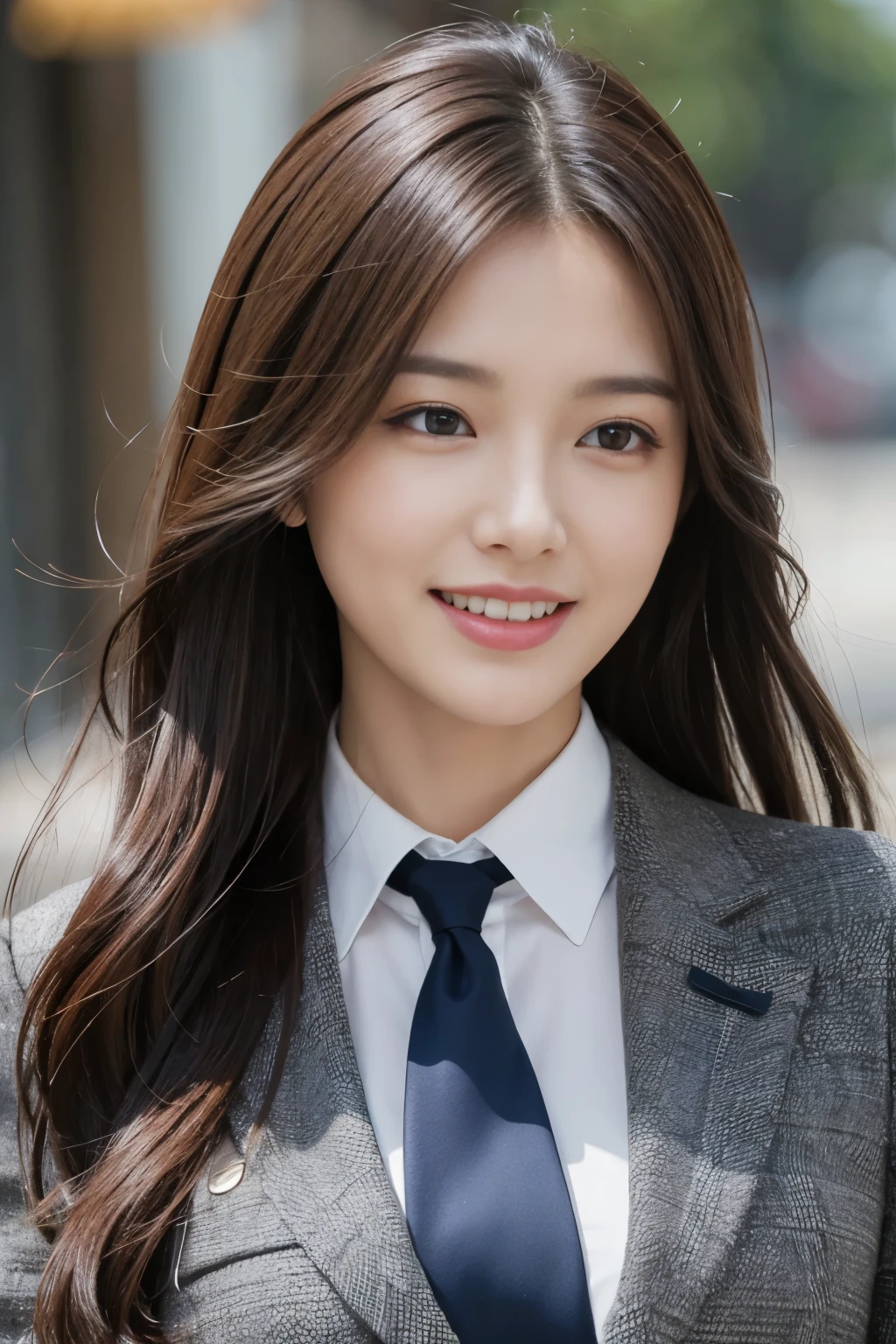 table top, best quality, realistic, very detailed, in detail, high resolution, 8k wallpapers, 1 beautiful woman,, Light brown messy hair, in a business suit, sharp focus, Complete dynamic configuration, beautiful and delicate eyes, detailed hair, 섬세하고 realistic 피부 결, laughing, Close-up portrait, Model Body Type