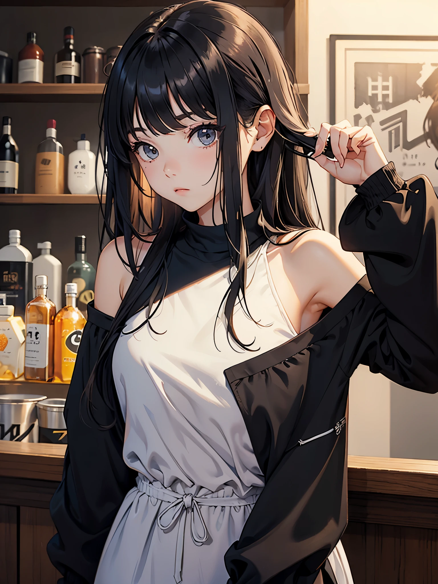 girl with messy hair, Long sleeves with off-the-shoulders, black, Bar in the background