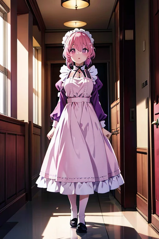 A pink haired woman with violet eyes is wearing a maid's outfit in hallway