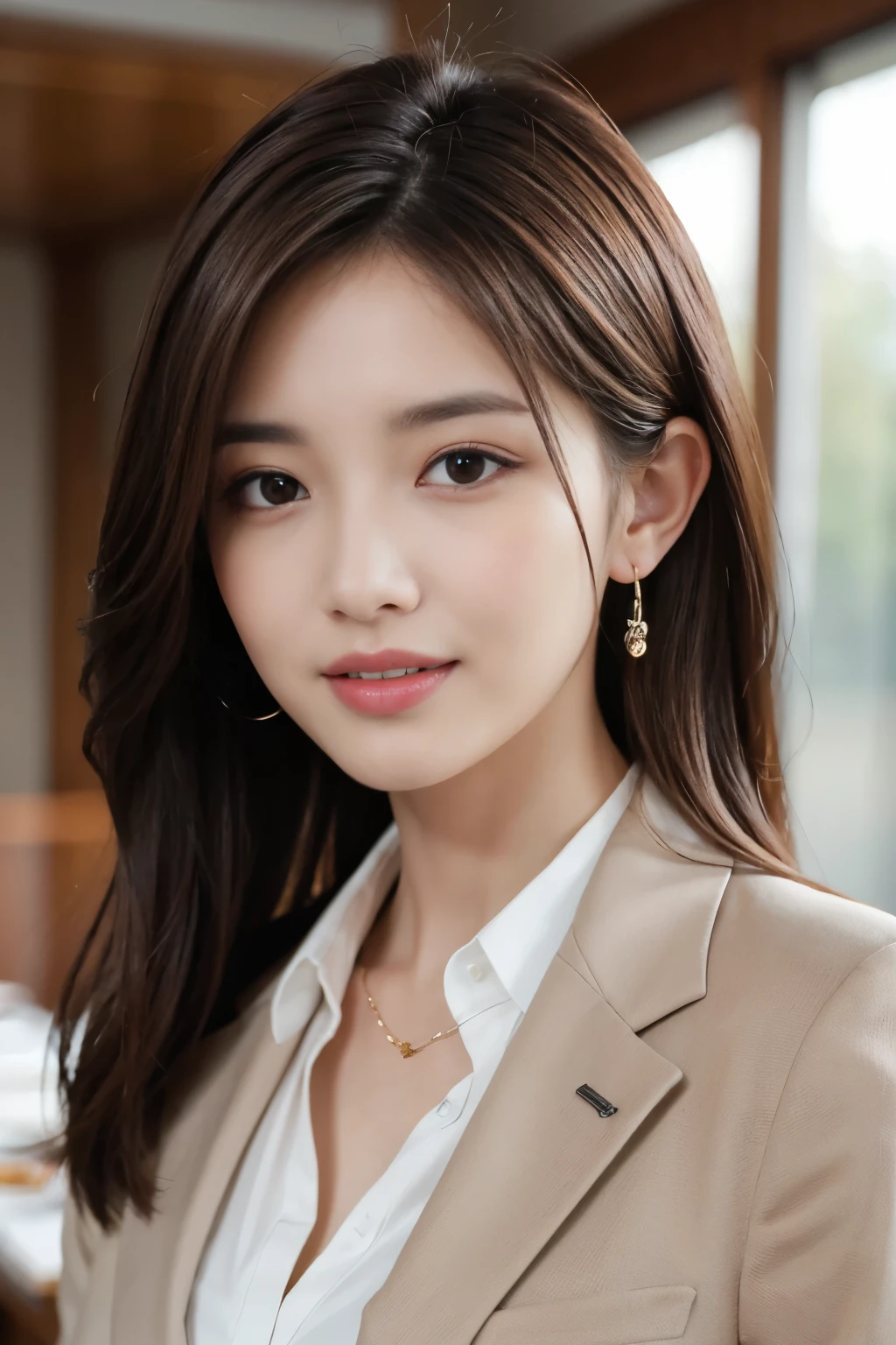 table top, best quality, realistic, very detailed, in detail, high resolution, 8k wallpapers, 1 beautiful woman,, Light brown messy hair, in a business suit, sharp focus, Complete dynamic configuration, beautiful and delicate eyes, detailed hair, 섬세하고 realistic 피부 결, laughing, Close-up portrait, Model Body Type
