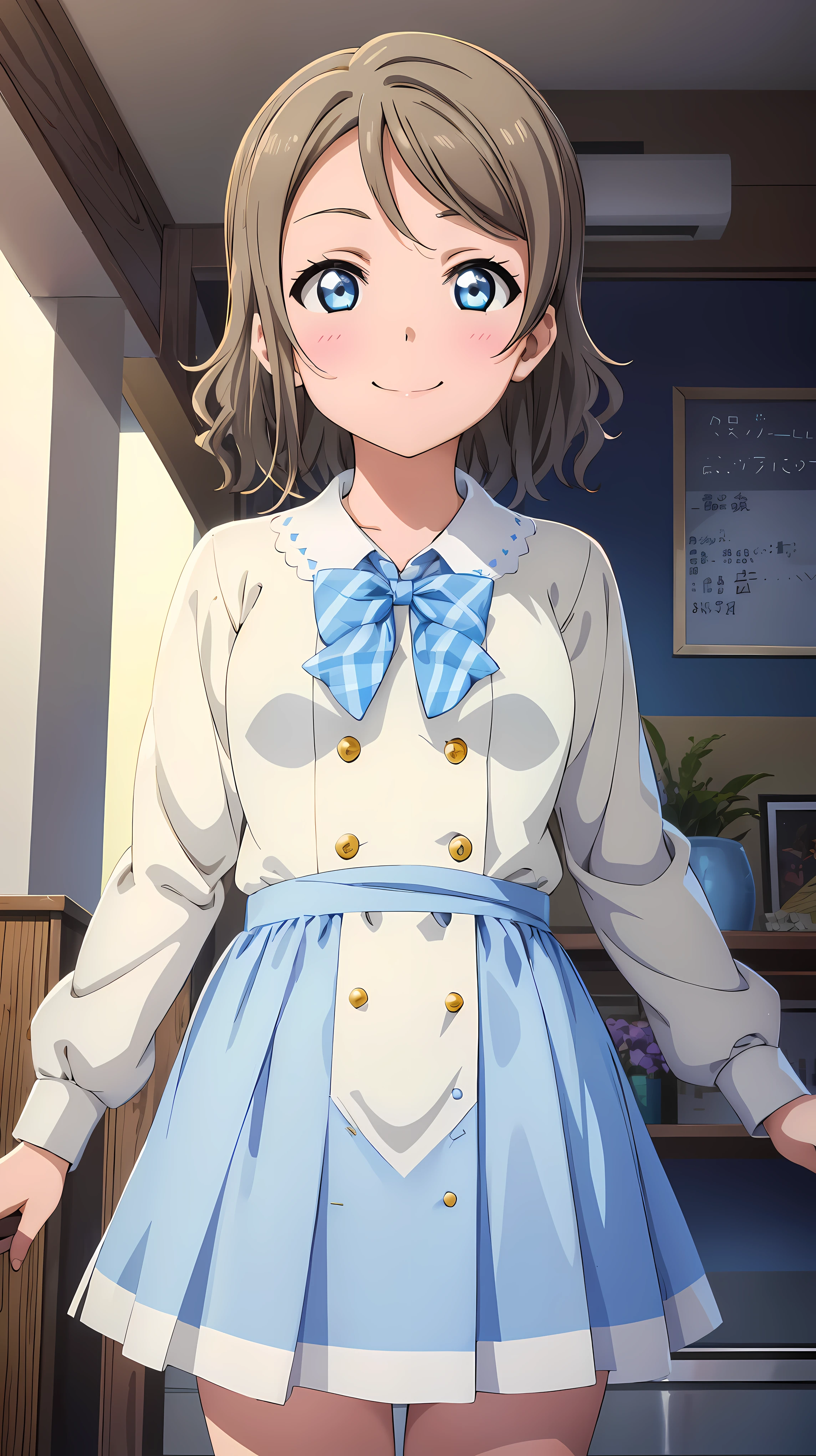 (((Perfect pixel, Perfect details))), bachelor, 1girl, You are Watanabe, Uranohoshi , neckline, Looking at the scenes, He smiles