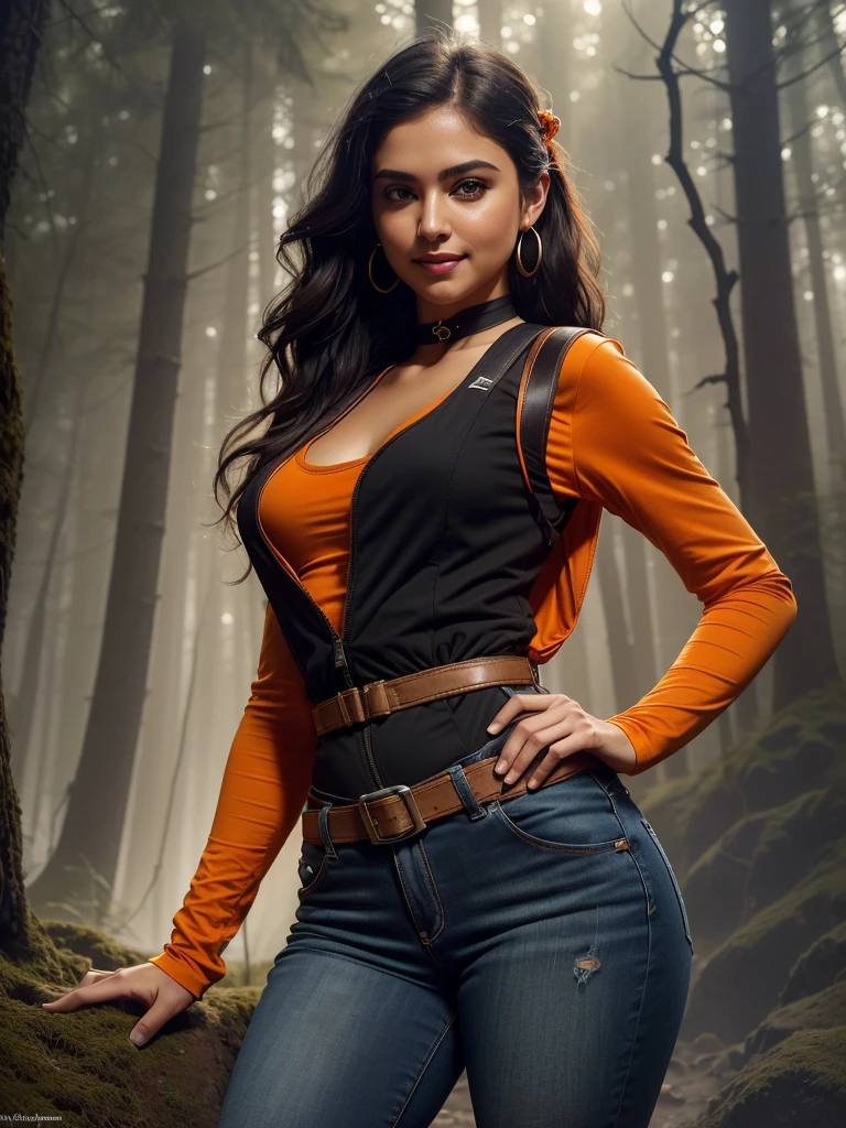 (face in frame:1.4), (editorial medium full body shot photography), (8k, RAW photo, best quality, masterpiece:1.4), detailed background, sharp details, intricate details, highly detailed, UHD, HDR,
Sylvi Fredriksen Indian woman, (passionate grin:1.5), (long black wavy hair, hair clip:1.4), (small breasts, breast, little breast:1.4), (voluptuous and shapely:1.4), (wearing Orange jacket, blue t-shirt, dangling earrings, backpack, tactical vests, tactical gear, long denim shorts:1.5), (choker and Gloves:1.3), (wide waist, wide hips, big thighs, thick legs:1.5), (Dramatic eyes and eyebrows, Striking lips:1.2),
(outdoors, cliff, rocks, trees, misty, forest, landscape, volumetric fog, subdued lighting to cast a soft glow, complex background:1.4),
(detailed anatomy:1.5), (detailed hands:1.4), (detailed fingers:1.4), (detailed eyes:1.4), (detailed pores skin:1.4), (detailed limbs:1.4), (detailed face:1.4), (toned physique:1), (dynamic pose, random pose, modeling:1.2), twilight lighting, volumetric lighting, natural lighting, beautiful lighting, trending on ArtStation, trending on CGSociety, dramatic lighting, by artgerm, by Liang Xing, by WLOP, immersive atmosphere, (chiaroscuro:0.2),