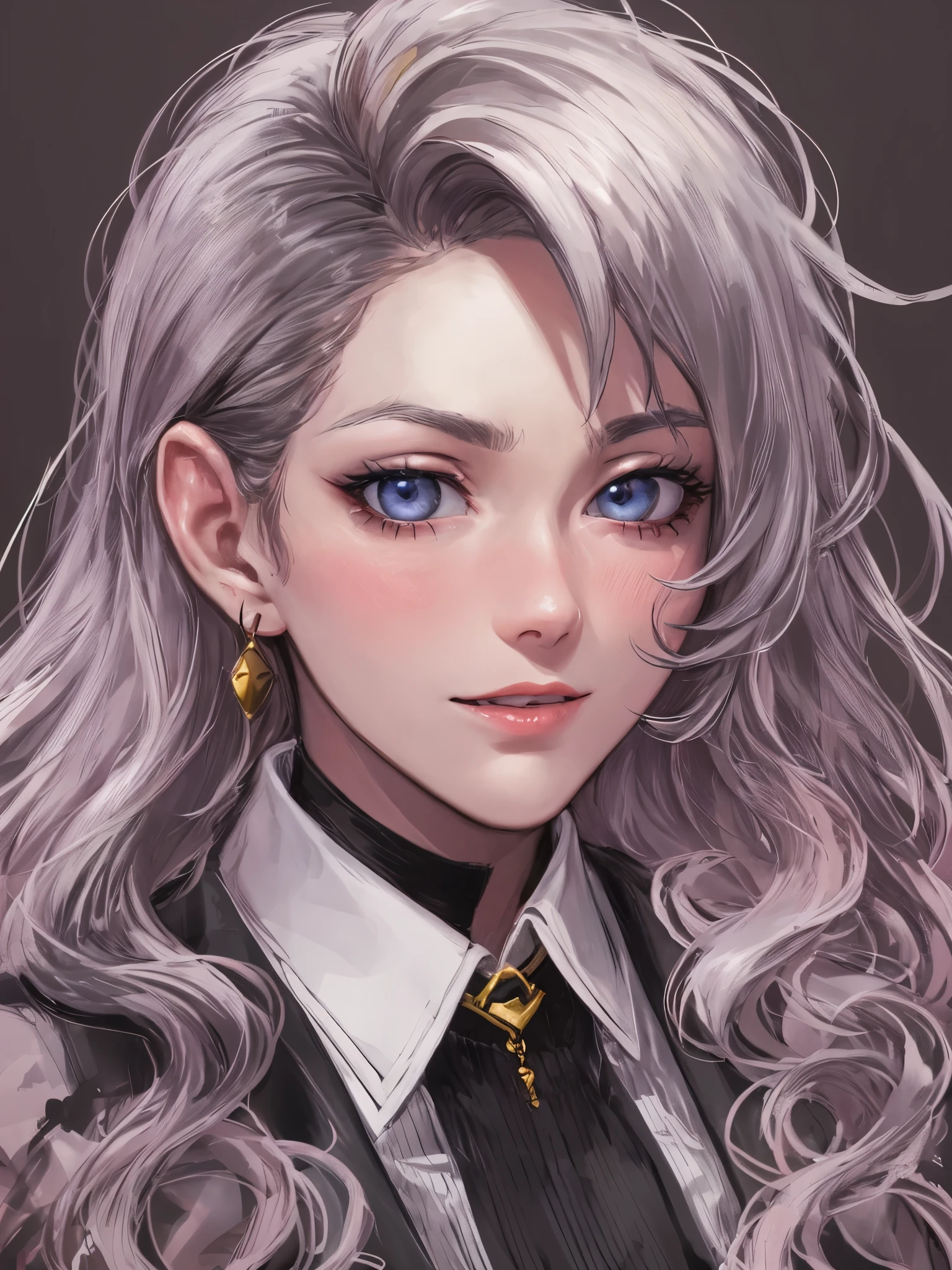 "(cartoon, style) Depicts a mature man wearing a masculine white button-up and black dress pants, small earrings, light blue eyes, Contoured eyebrows, blush, light-red lips, collar, clean portrait，Jet black wavy hair styled as a mullet, close up, Juicy、chiseled lips, defined neck, Tilt your head slightly to look at the viewer, Shy giggle, blank background, Heavy makeup, - Create masterpieces of the best quality."