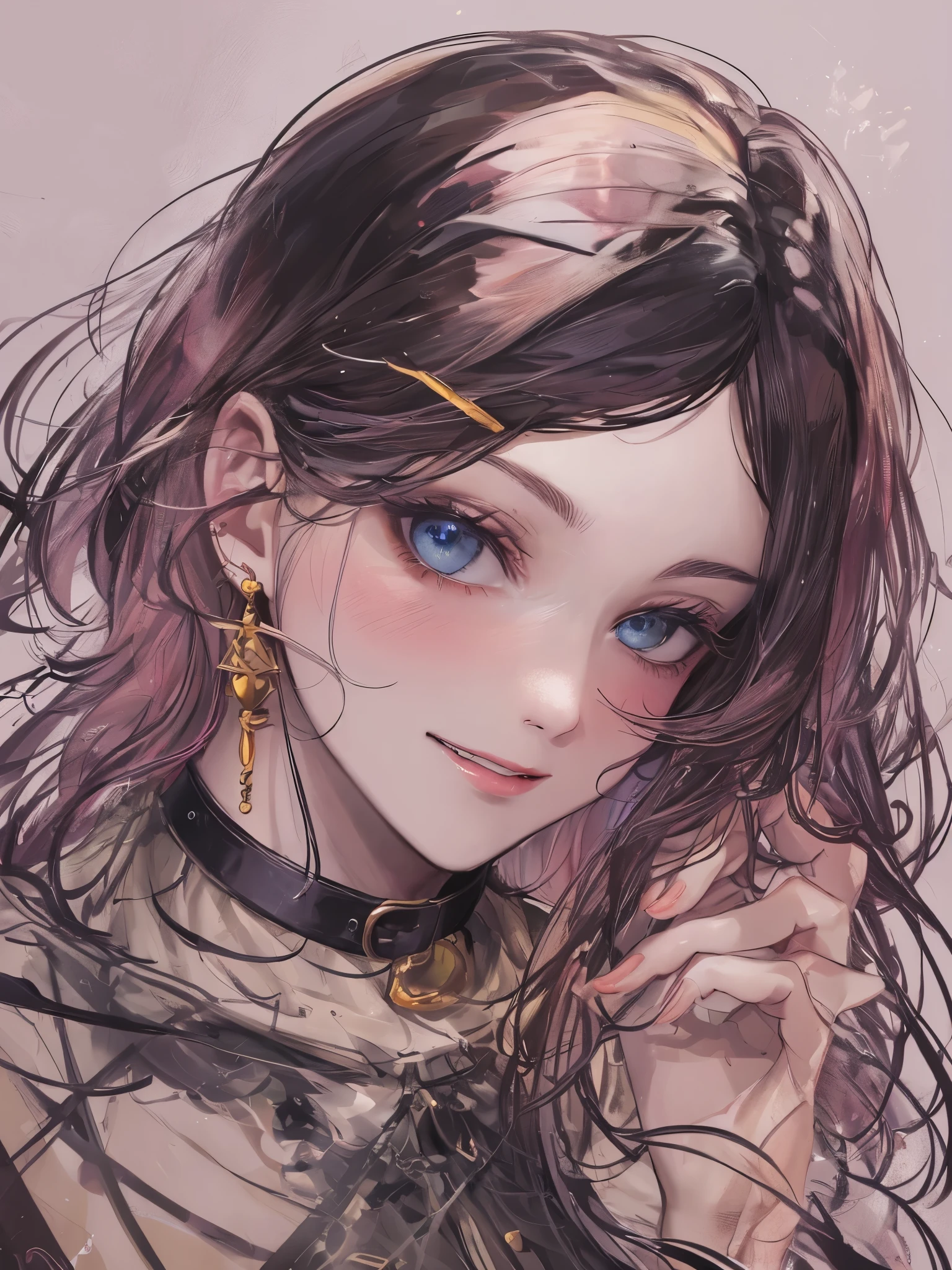 "(cartoon, style) Depicts a mature man wearing a masculine white button-up and black dress pants, small earrings, light blue eyes, Contoured eyebrows, blush, light-red lips, collar, clean portrait,Jet black wavy hair styled as a mullet, close up, Juicy、chiseled lips, defined neck, Tilt your head slightly to look at the viewer, Shy giggle, blank background, Heavy makeup, - Create masterpieces of the best quality."
