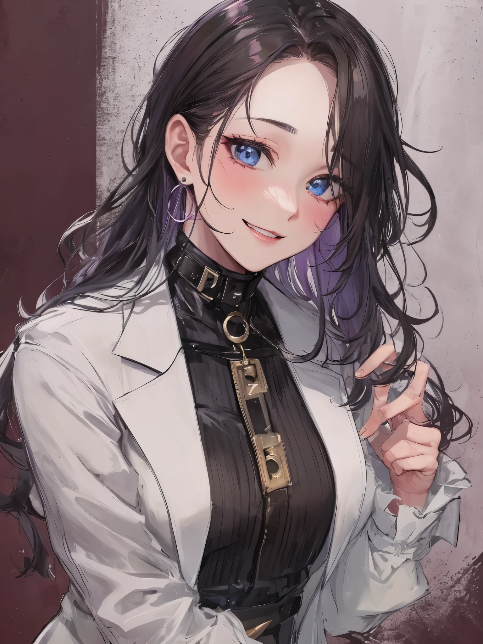 "(cartoon, style) Depicts a mature man wearing a masculine white button-up and black dress pants, small earrings, light blue eyes, Contoured eyebrows, blush, light-red lips, collar, clean portrait,Jet black wavy hair styled as a mullet, close up, Juicy、chiseled lips, defined neck, Tilt your head slightly to look at the viewer, Shy giggle, blank background, Heavy makeup, - Create masterpieces of the best quality."