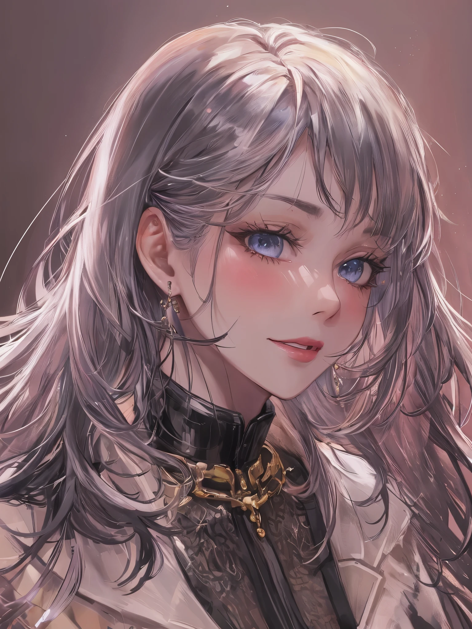 "(cartoon, style) Depicts a mature man wearing a masculine white button-up and black dress pants, small earrings, light blue eyes, Contoured eyebrows, blush, light-red lips, collar, clean portrait，Jet black wavy hair styled as a mullet, close up, Juicy、chiseled lips, defined neck, Tilt your head slightly to look at the viewer, Shy giggle, blank background, Heavy makeup, - Create masterpieces of the best quality."