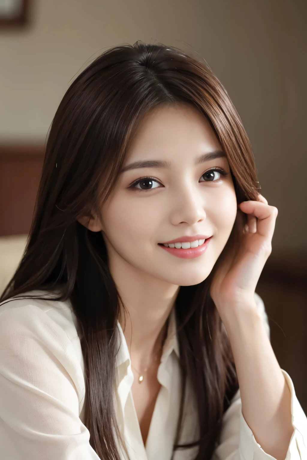 table top, best quality, realistic, very detailed, in detail, high resolution, 8k wallpapers, 1 beautiful woman,, Light brown messy hair, in a business suit, sharp focus, Complete dynamic configuration, beautiful and delicate eyes, detailed hair, 섬세하고 realistic 피부 결, laughing, Close-up portrait, Model Body Type