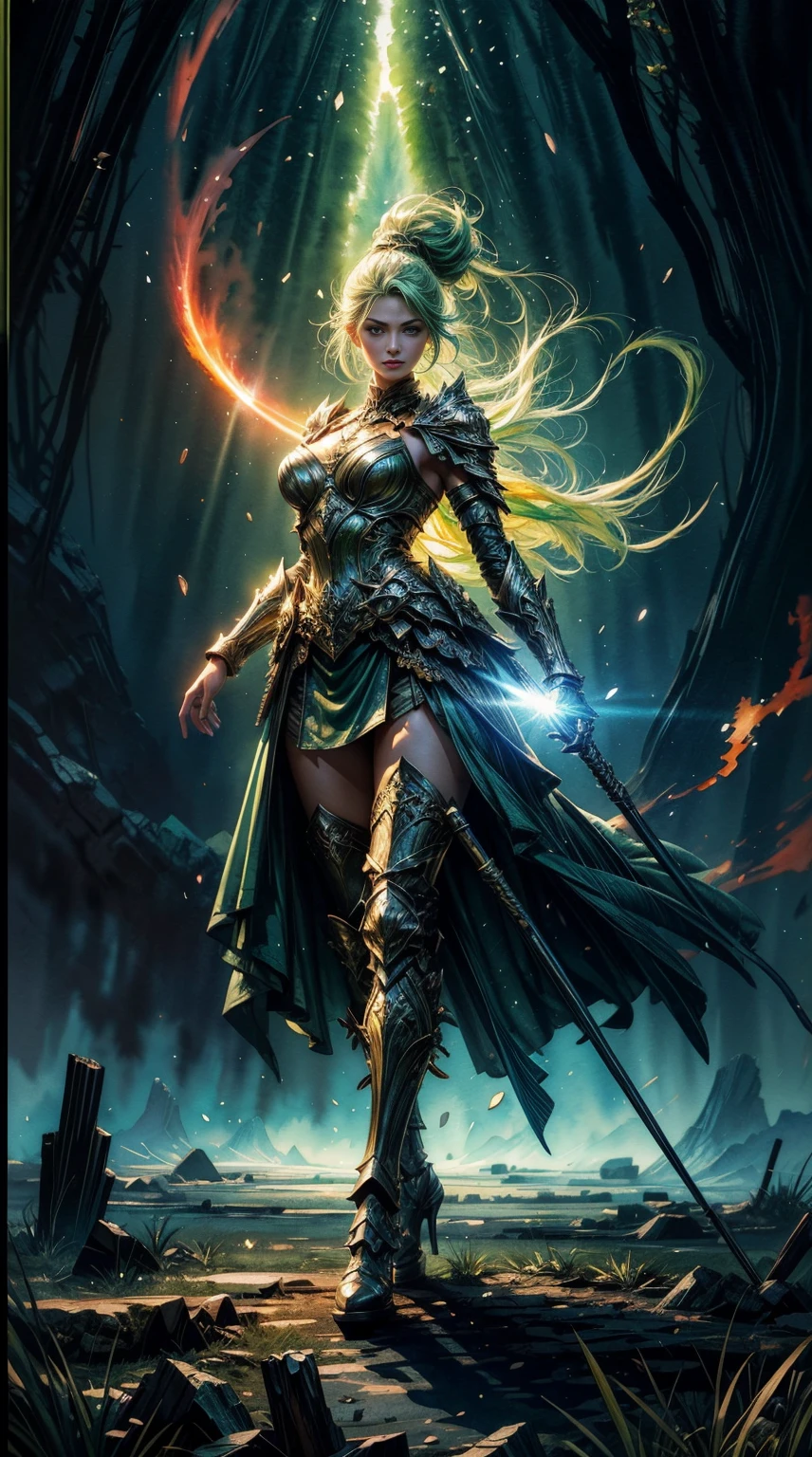 a full body picture of figures, Depicts a fantasy female warrior in a holding a staff. bright green eyes, standing in an imposing pose looking at the viewer, The expression is threatening. full battle outfit in shades of green. Soft, warm lighting highlights her thoughtful gazeCreate using：digital strokes、Reflect emotions、fantastic dream scene、Detailed character research、ambient color、chaotic atmosphere、glibatree tips、HD quality、Natural look。Focus on showing the power and of female warrior, (watercolor painting:1.5)，(Super high saturation, bright and vivid colors:1.5), (nsfw), (Look at the audience head-on:1.5)