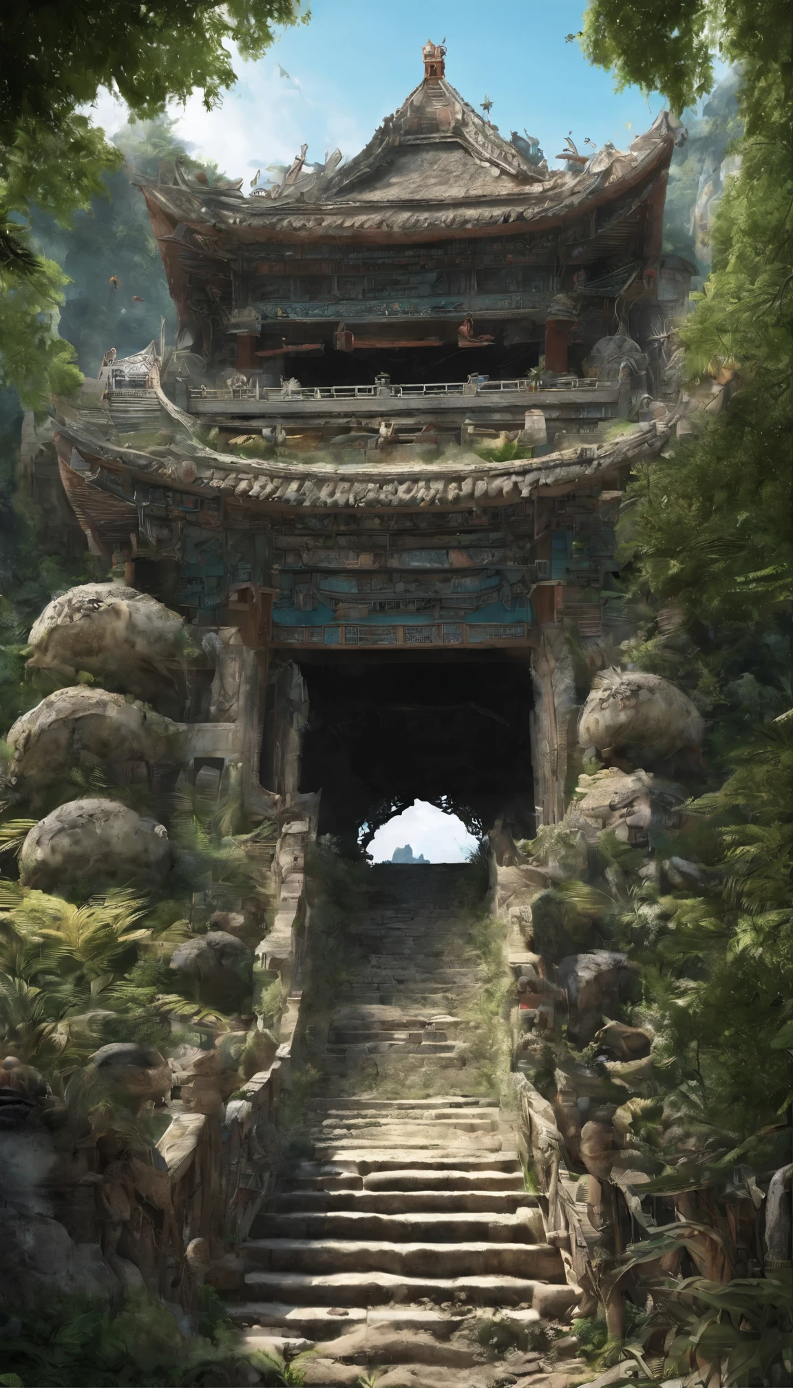 (((masterpiece))), best quality, illustration,
A mysterious forest,abandoned chinese city,collapsed city wall,The growth of vines,Huge trees and magical creatures hidden among their branches, 8k, high quality, space, paper_cut, Realistic photos