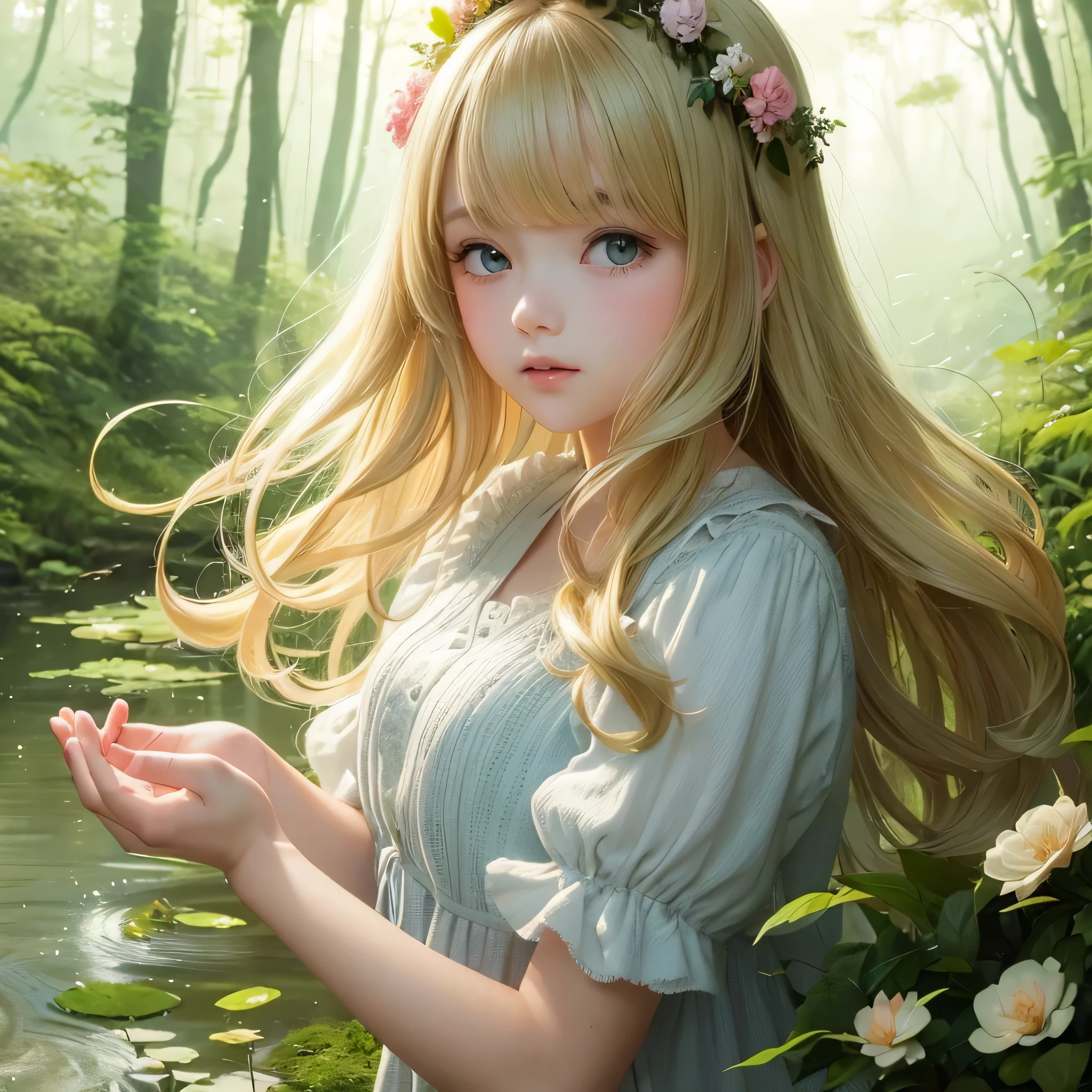 Girl in the forest with floating flowers, river, fluffy, fluffy cheeks, cute, blonde、bright colors, Colorful art style, soft lighting, soft shadow, fine texture, dynamic lighting, nice hands, perfect hands,
