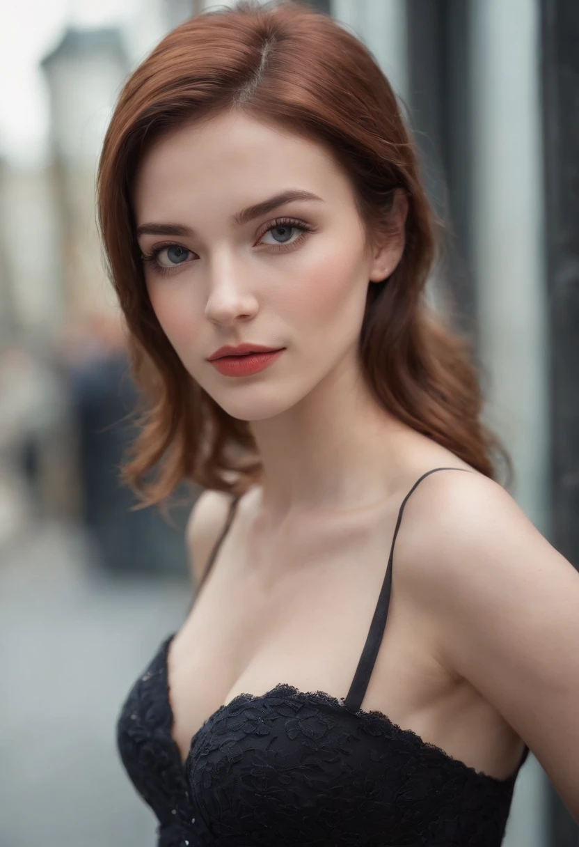 girl with reddish-brown hair, ojos azules, hermoso, cuerpo completo, small breasts, con un vestido corto negro con medias de red, tacones altos, pintalabios rojo, cuerpo completo from head to feet