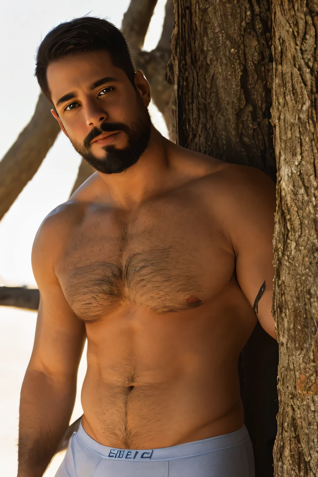 portrait of handsome man, soft belly, shirtless ,((short beard)), chest hair, no muscle, not defined, ((fat)), chubby, (((short hair))), short hair, 45 years old, full body, at jungle, underware, verry masculine